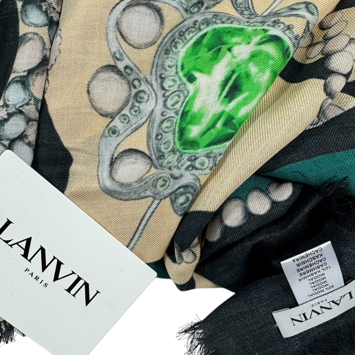 Lanvin Scarf Green Black Gemstones Design - Extra Large Square Shawl