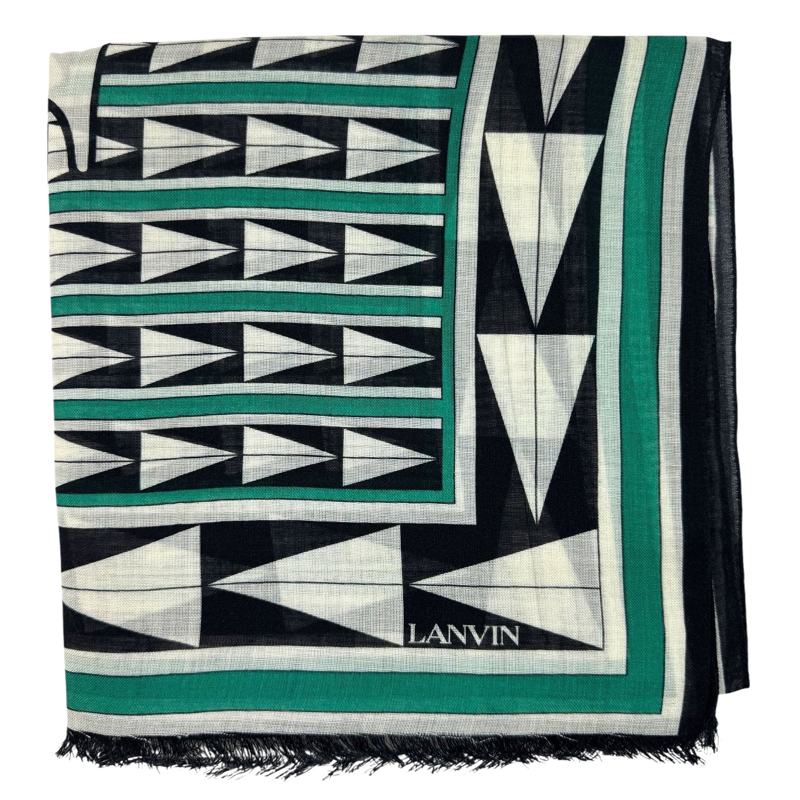 Lanvin Scarf Green Black Geometric Design - Wool Silk Shawl