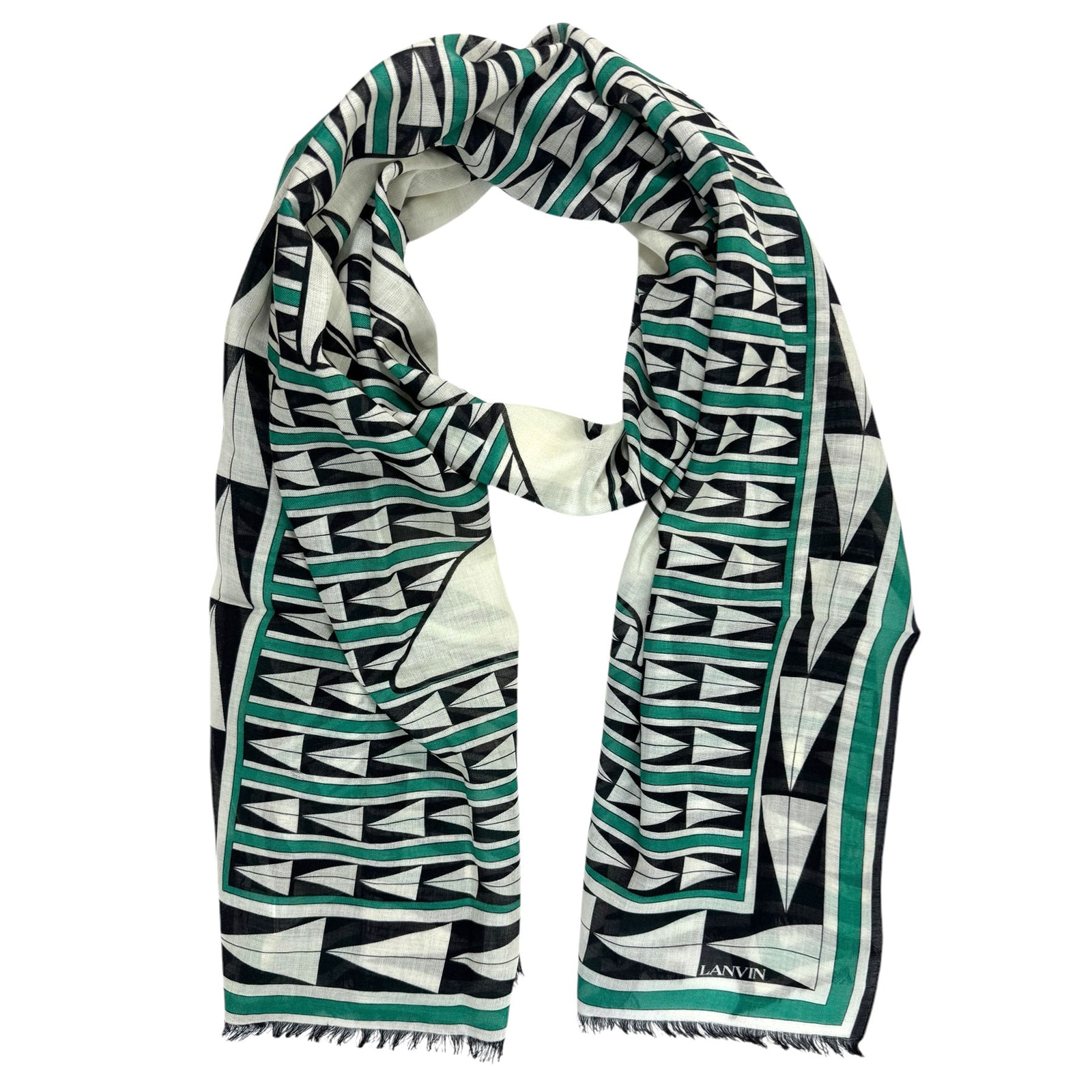 Lanvin Scarf Green Black Geometric Design - Wool Silk Shawl
