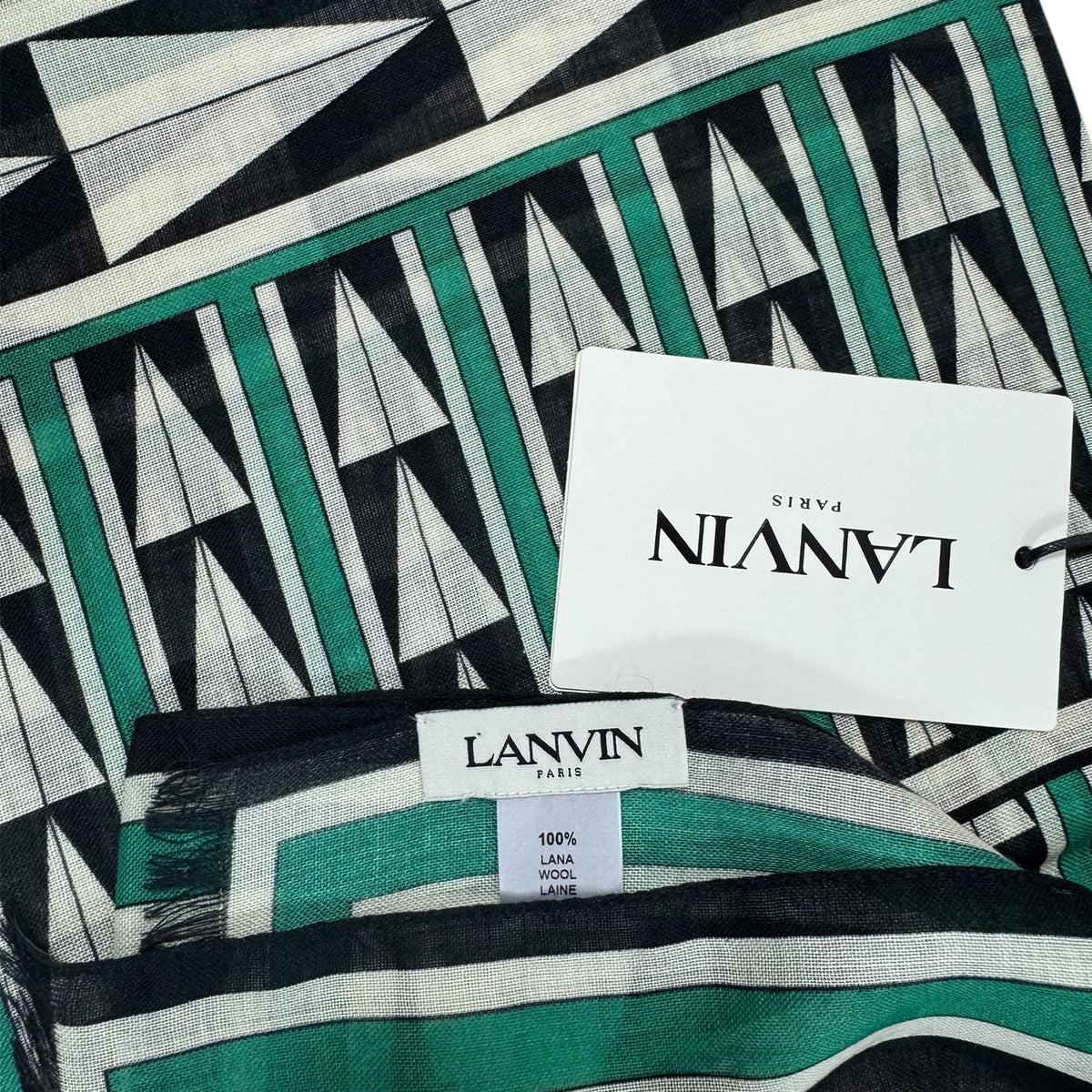 Lanvin Scarf Green Black Geometric Design - Wool Shawl