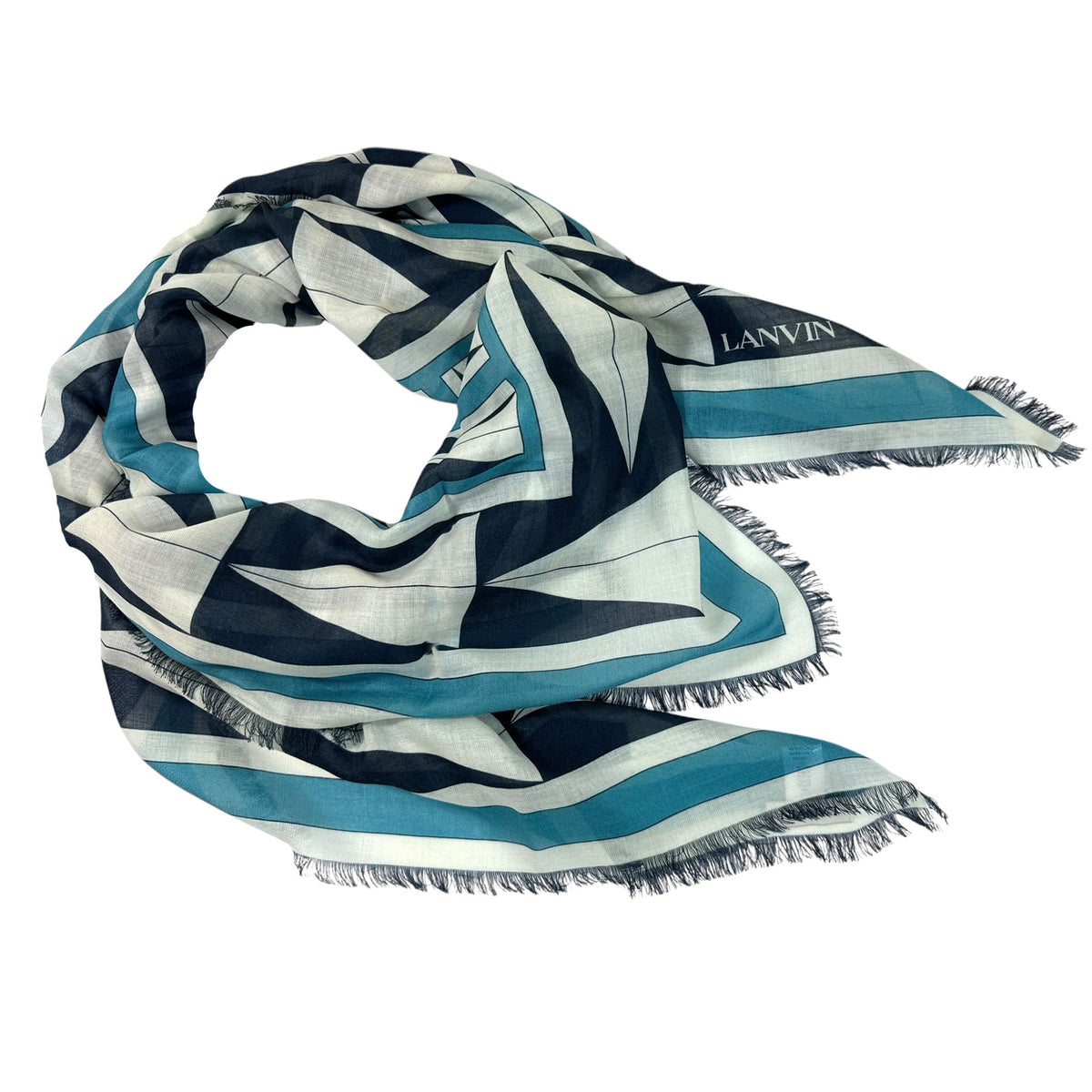Lanvin Scarf Teal Black Geometric Design 