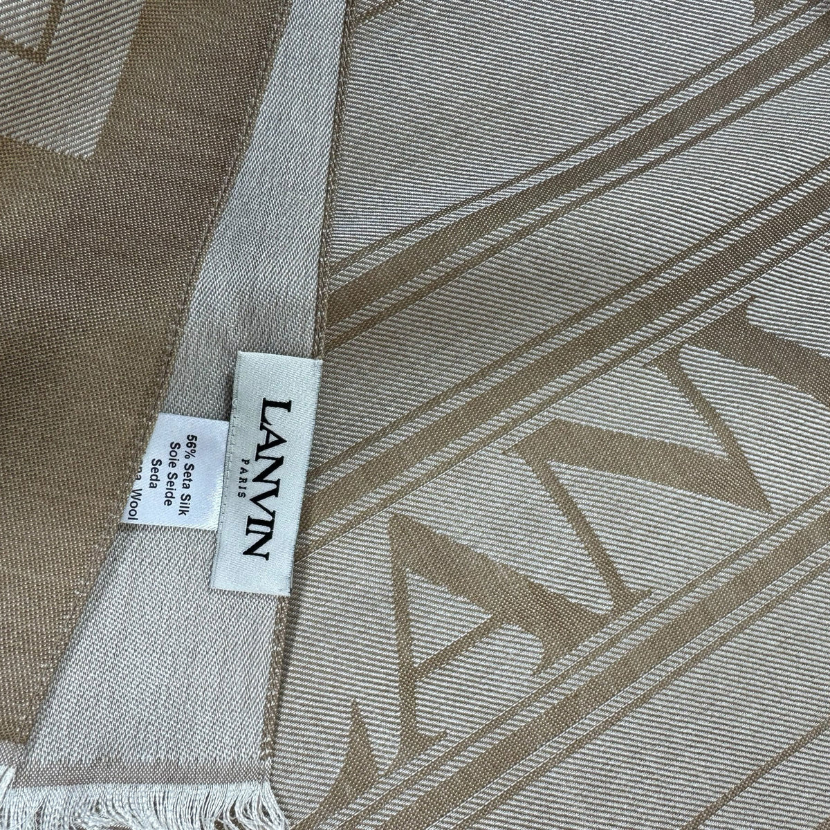 Lanvin Scarf Beige Gray Logo Design - Wool Silk Shawl
