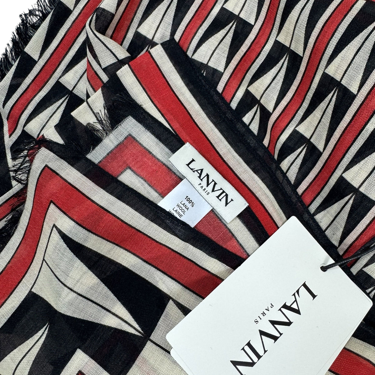 Lanvin Scarf White Red Black Geometric Design - Wool Shawl