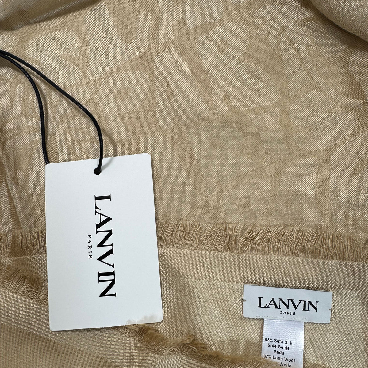 Lanvin Scarf Taupe Island Logo Design - Extra Large Square Wool Silk Wrap SALE