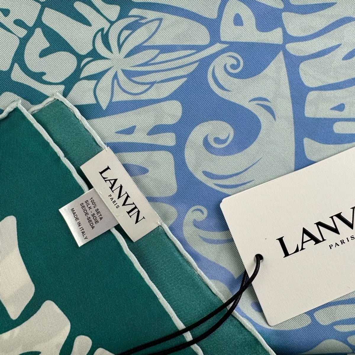 Lanvin Scarf Green Logo Island Design - Twill Silk Square Foulard FINAL SALE
