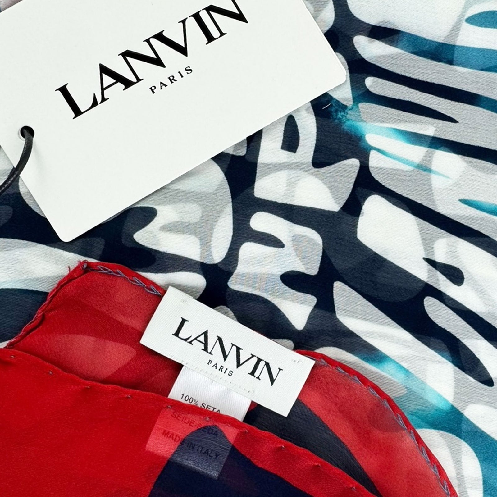 Lanvin Scarf Red Navy White Logo Island Design - Chiffon Silk Shawl FINAL SALE
