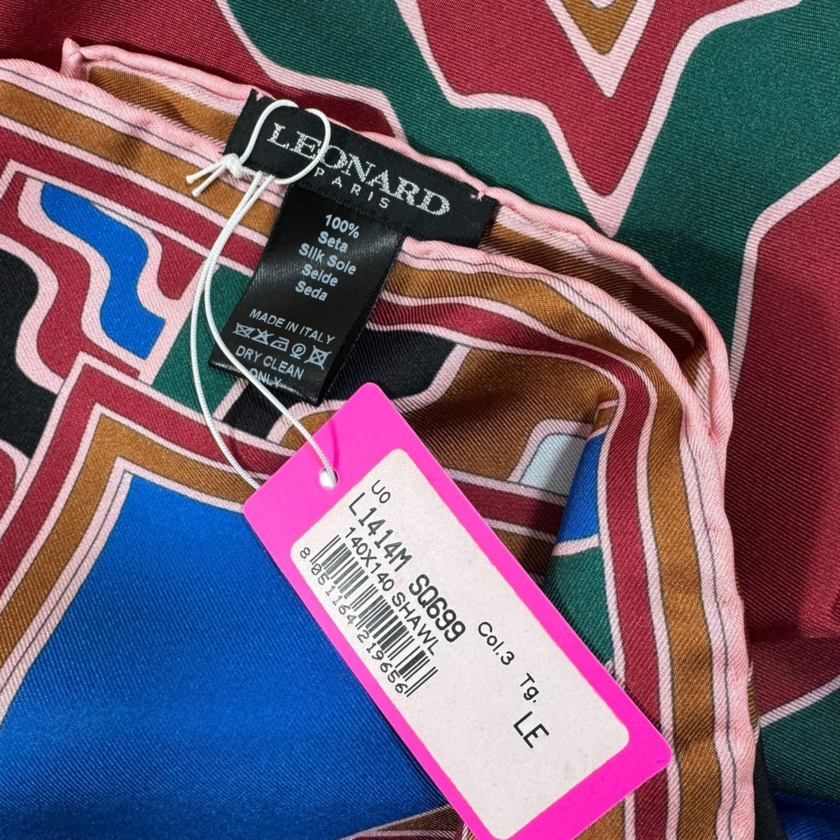 Leonard Paris Scarf Royal Blue Green Design - Large 55 Inch Square Twill Silk Foulard