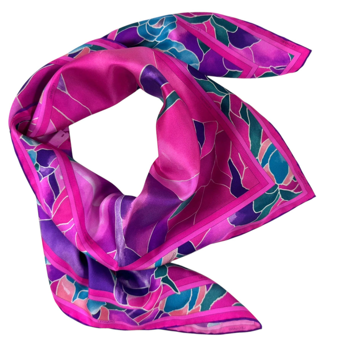 Leonard Paris Scarf Pink Turquoise Purple Floral - Twill Silk Square Foulard