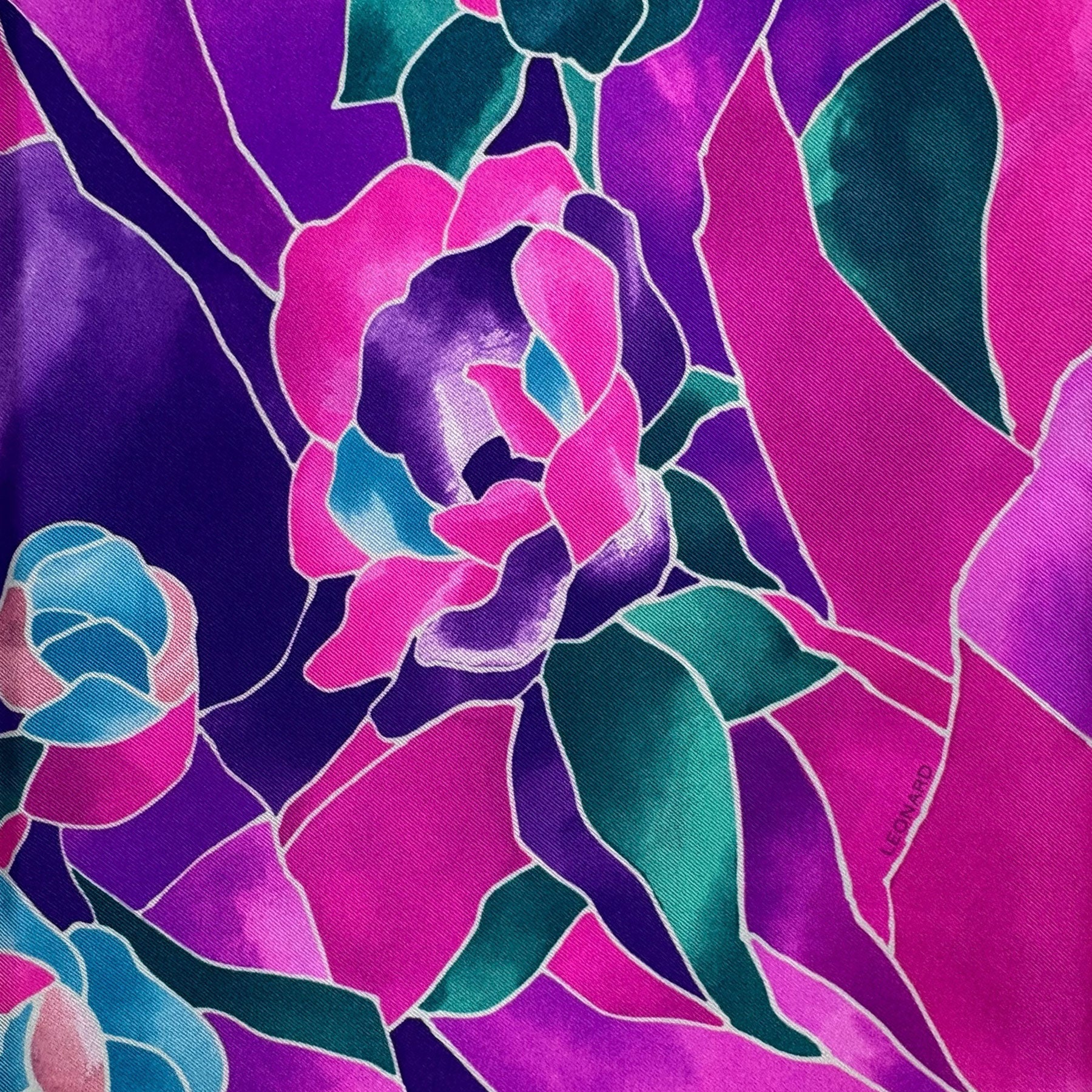 Leonard Paris Scarf Pink Turquoise Purple Floral - Twill Silk Square Foulard