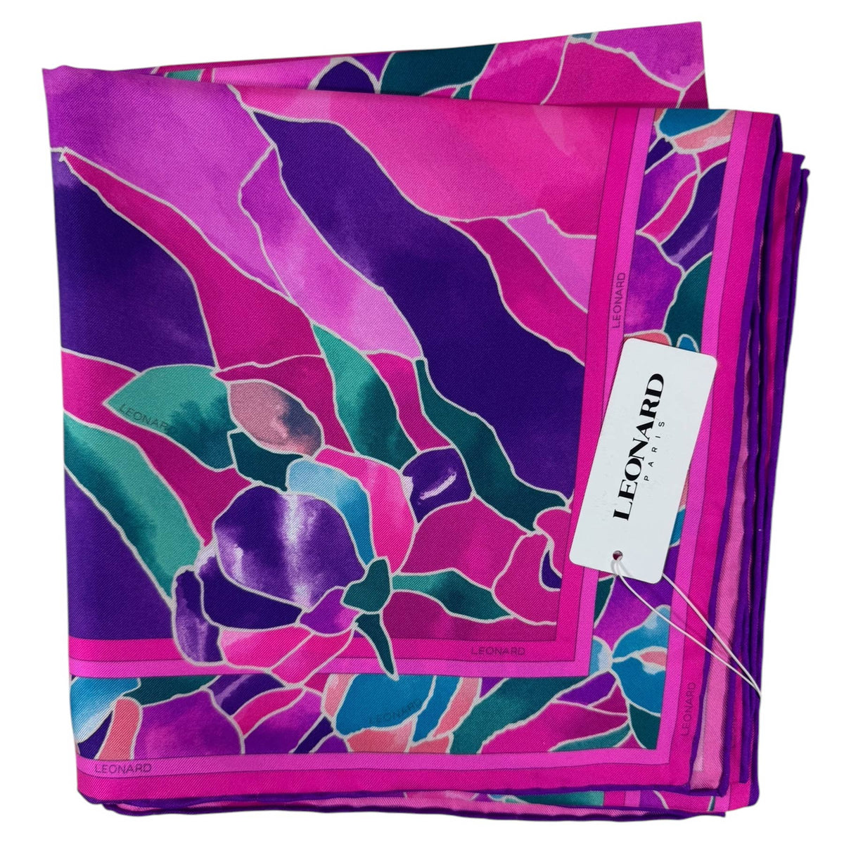 Leonard Paris Scarf Pink Turquoise Purple Floral - Twill Silk Square Foulard