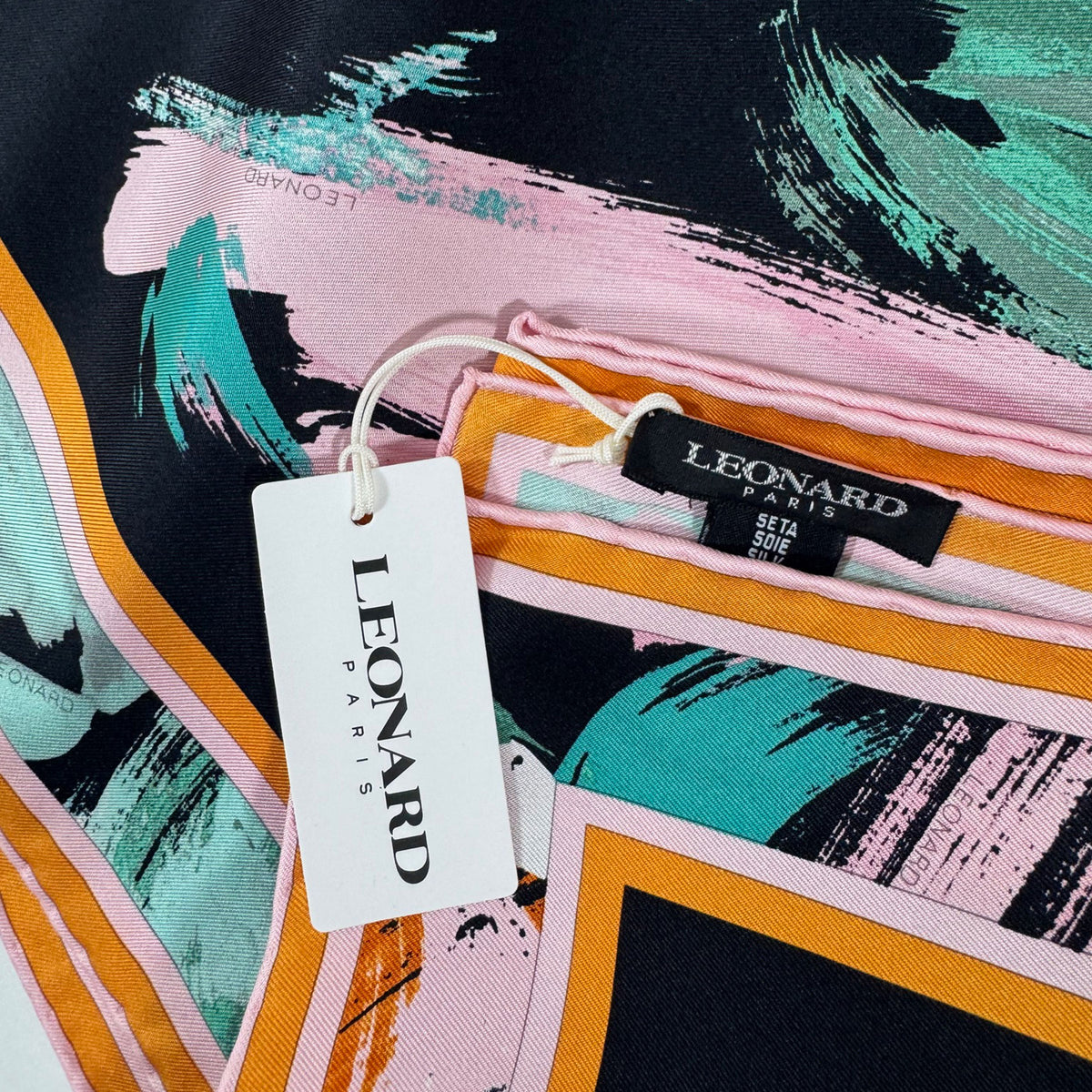 Leonard Paris Scarf Black Green Orange Pink Abstract Floral - Twill Silk Large Square Foulard