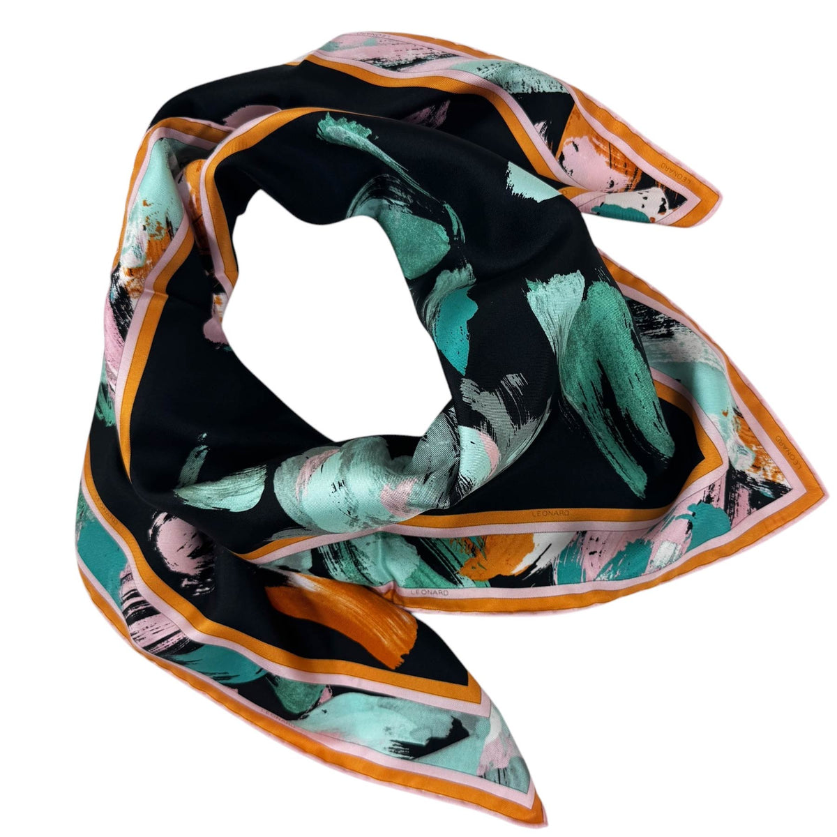 Leonard Paris Scarf Black Green Orange Pink Abstract Floral - Twill Silk Large Square Foulard