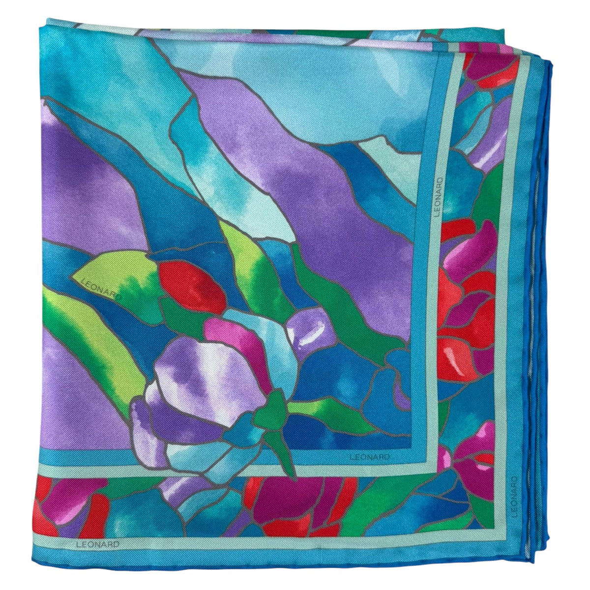 Leonard Paris Scarf Aqua Pink Purple Floral - Twill Silk Square Foulard