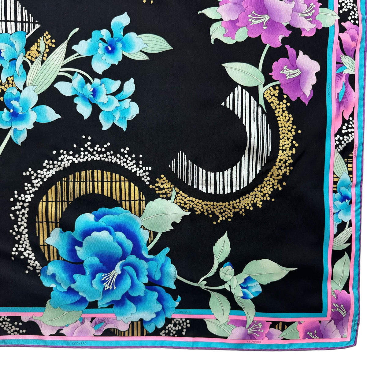 Leonard Paris Scarf Black Pink Aqua Floral - Twill Silk Large Square Foulard