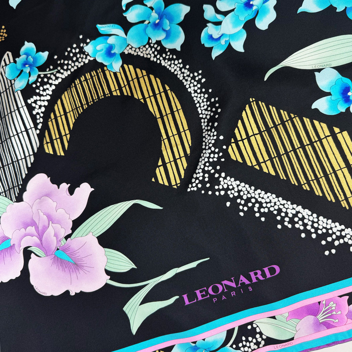 Leonard Paris Scarf Black Pink Aqua Floral - Twill Silk Large Square Foulard