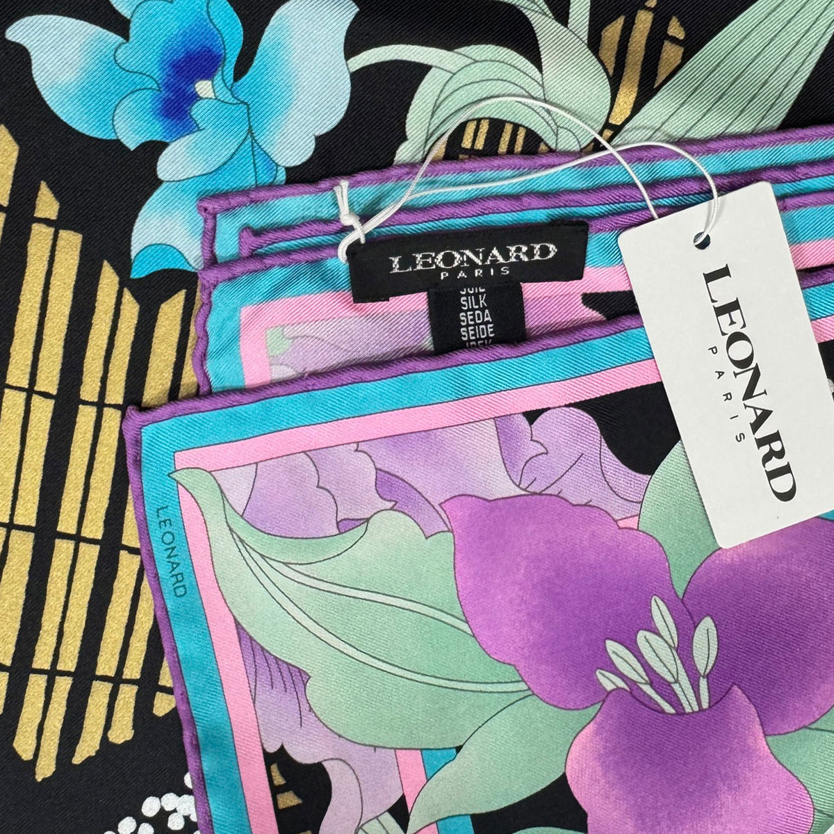Leonard Paris Scarf Black Pink Aqua Floral - Twill Silk Large Square Foulard