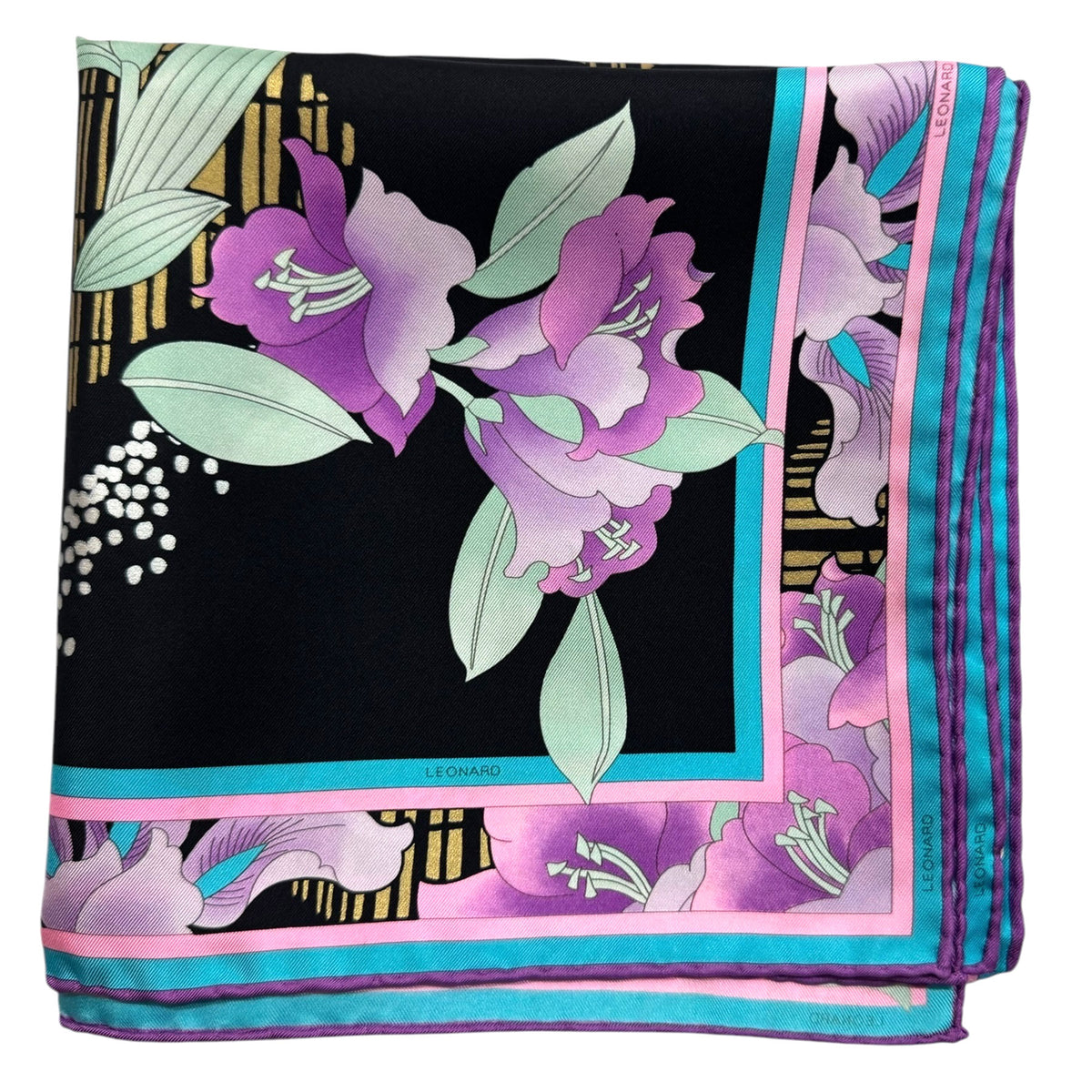 Leonard Paris Scarf Black Pink Aqua Floral - Twill Silk Large Square Foulard