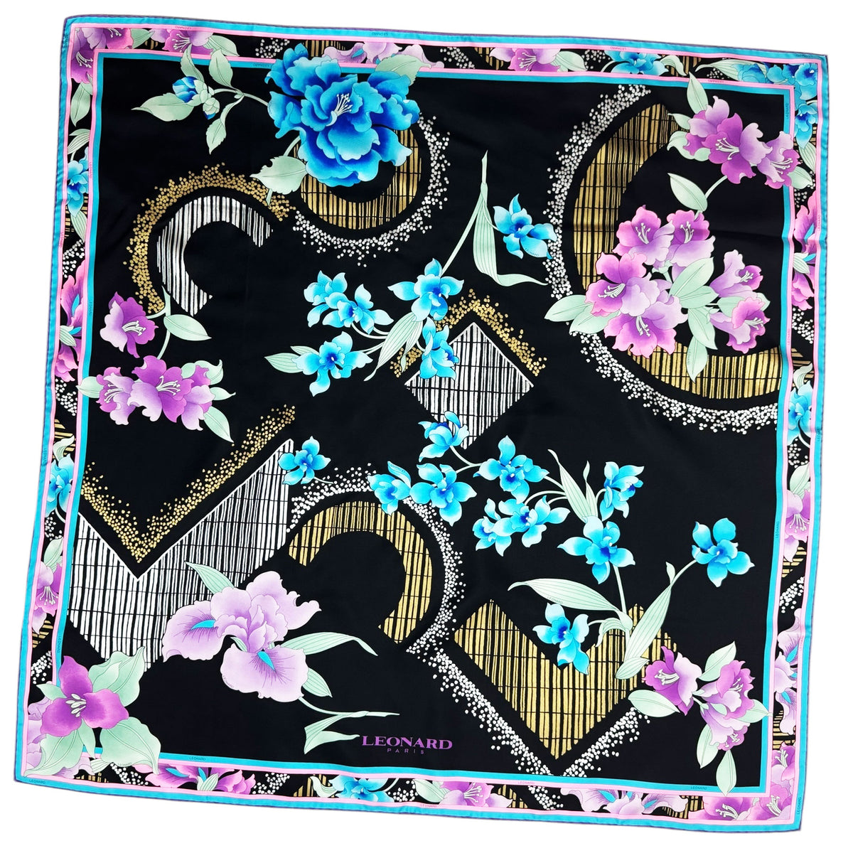 Leonard Paris Scarf Black Pink Floral - Twill Silk Large Square Foulard