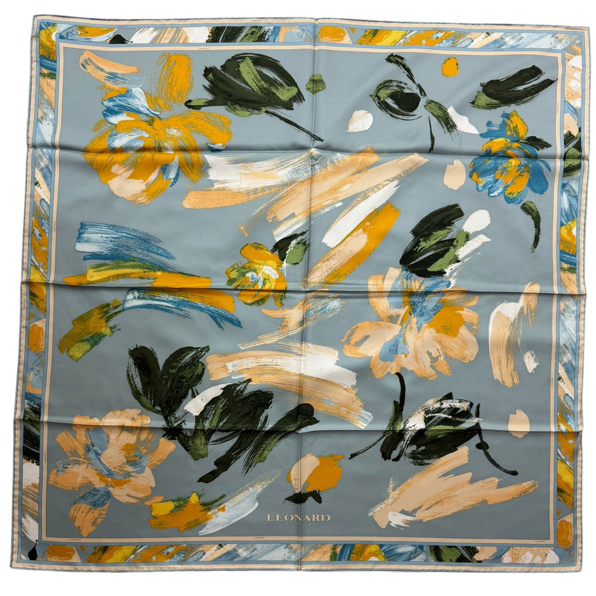 Leonard Paris Scarf Gray Orange Abstract Floral - Twill Silk Large Square Foulard
