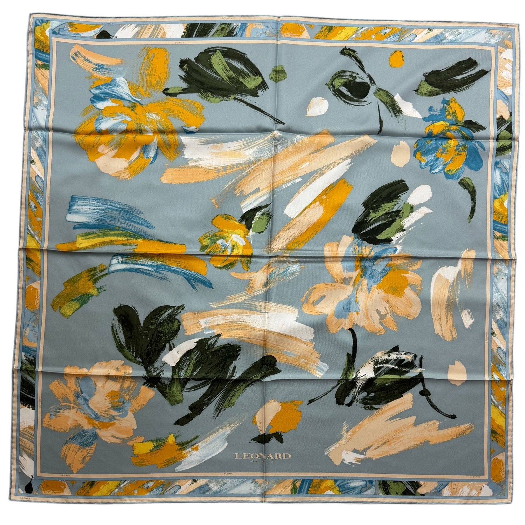 Leonard Paris Scarf Gray Orange Floral  Silk Large Square Foulard