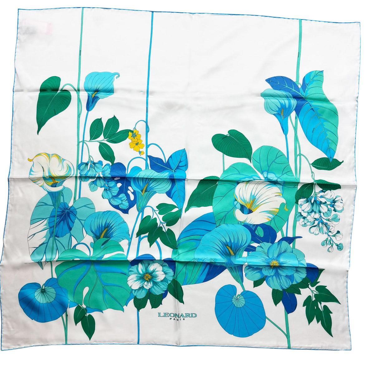 Leonard Paris Scarf White Blue Callalily Floral - Twill Silk Large Square Foulard