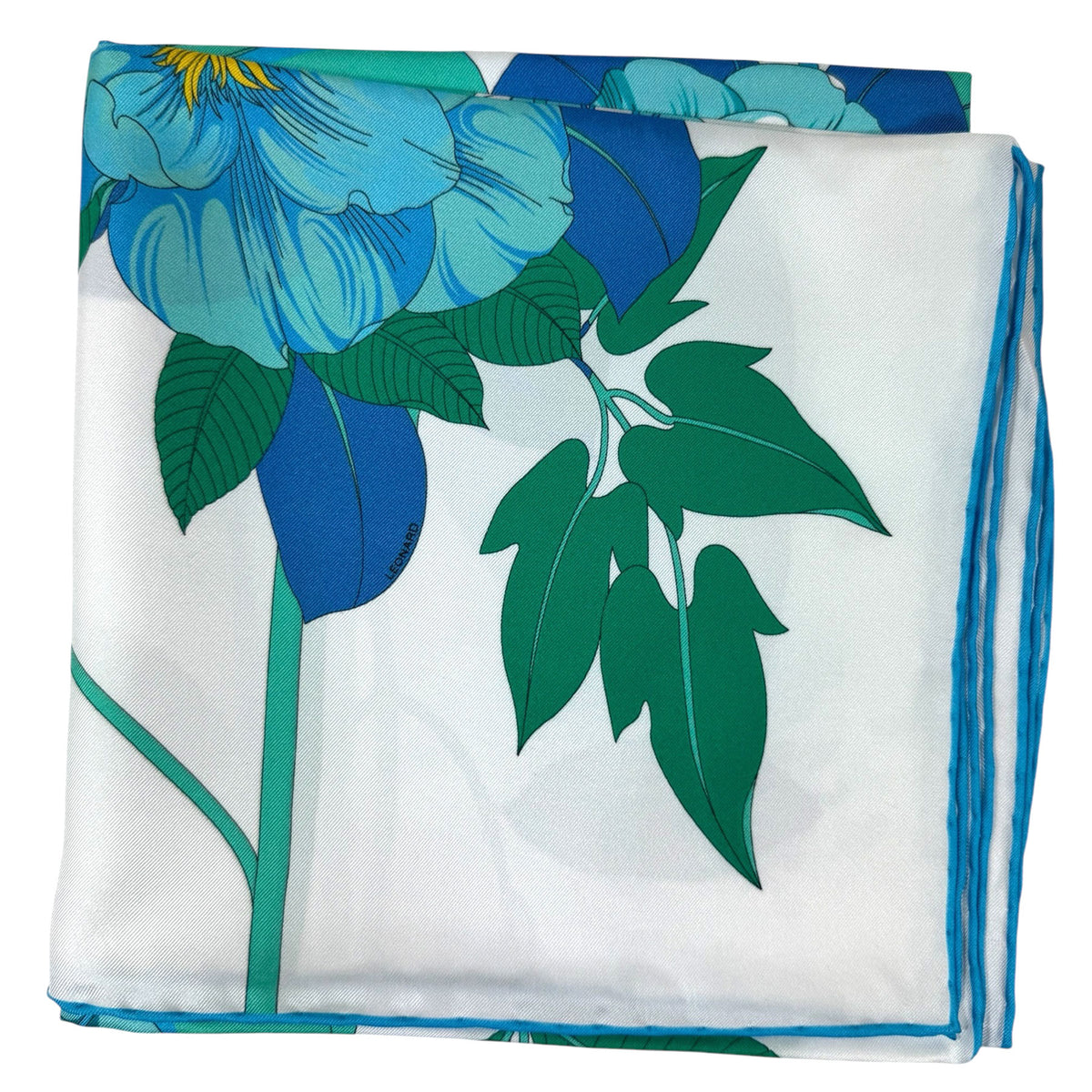 Leonard Paris Scarf White Aqua Floral - Twill Silk Large Square Foulard