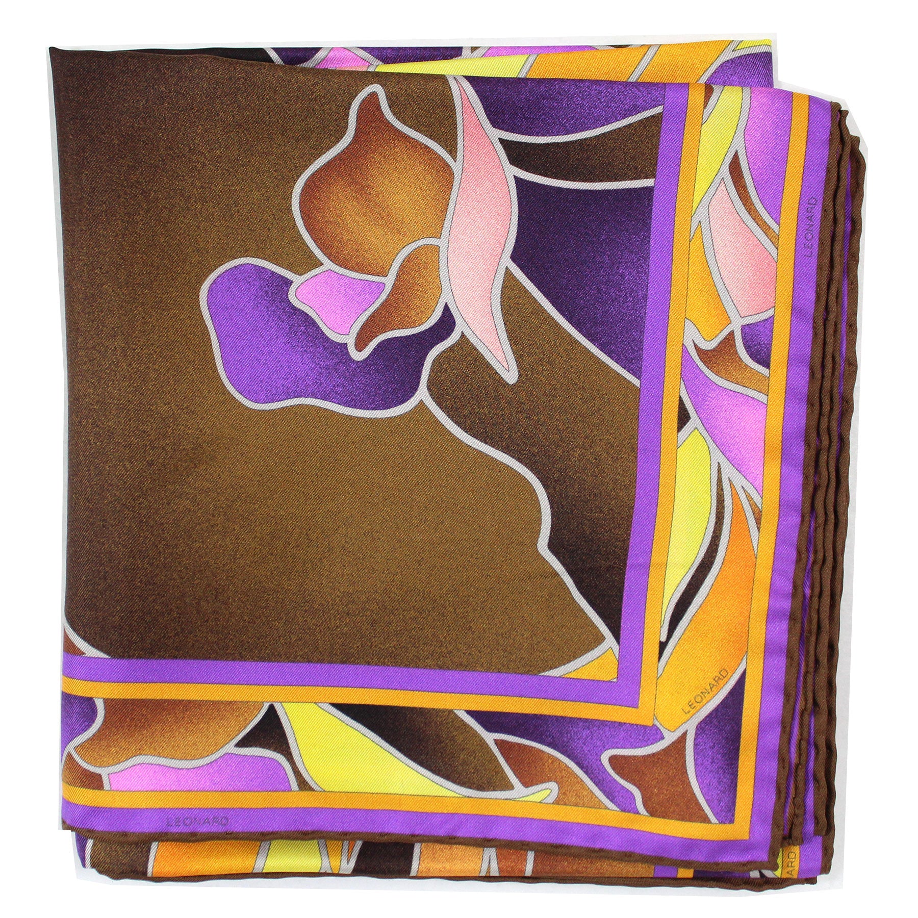 Leonard Paris Scarf Purple Brown Orange Floral - Twill Silk Large Square Foulard