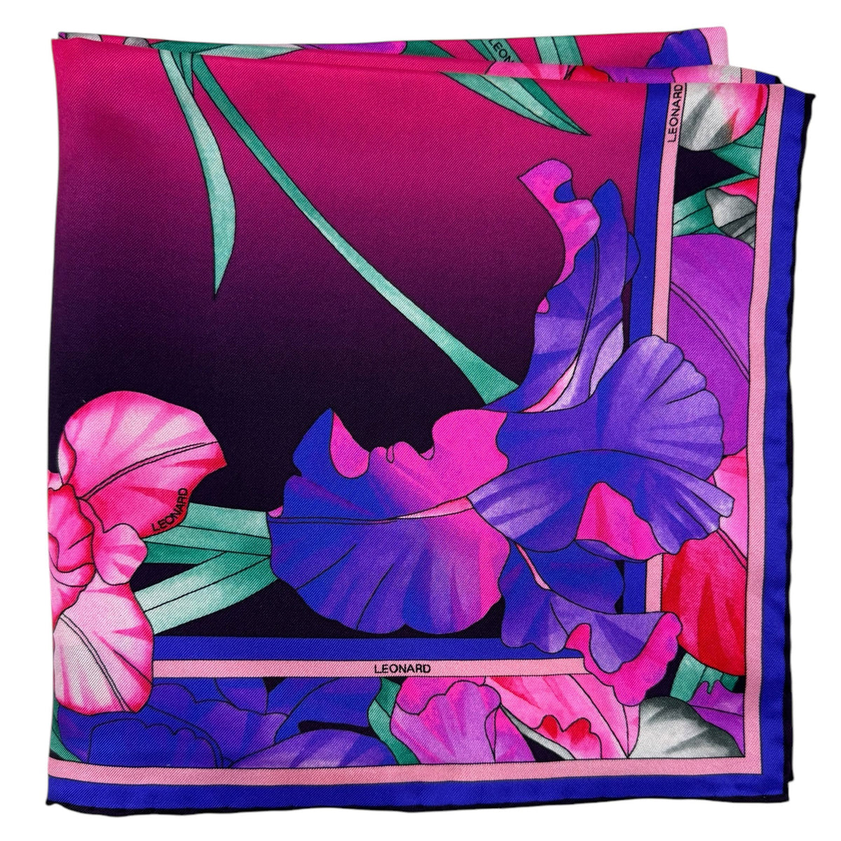 Leonard Paris Scarf Purple Red Turquoise Floral - Twill Silk Square Foulard