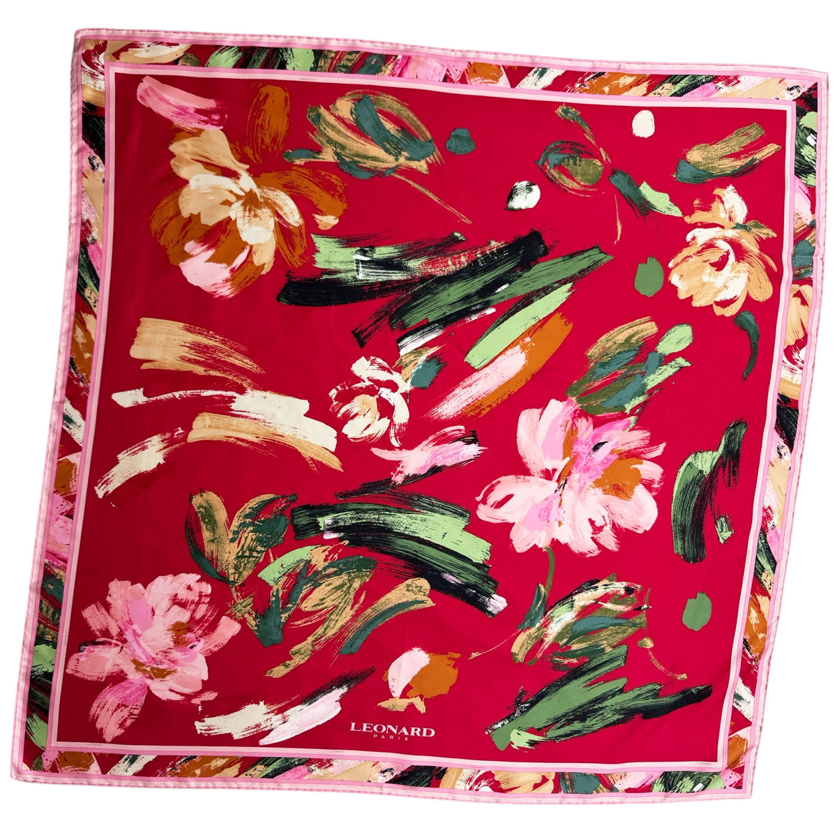 Leonard Paris Scarf Magenta Abstract Floral - Twill Silk Large Square Foulard