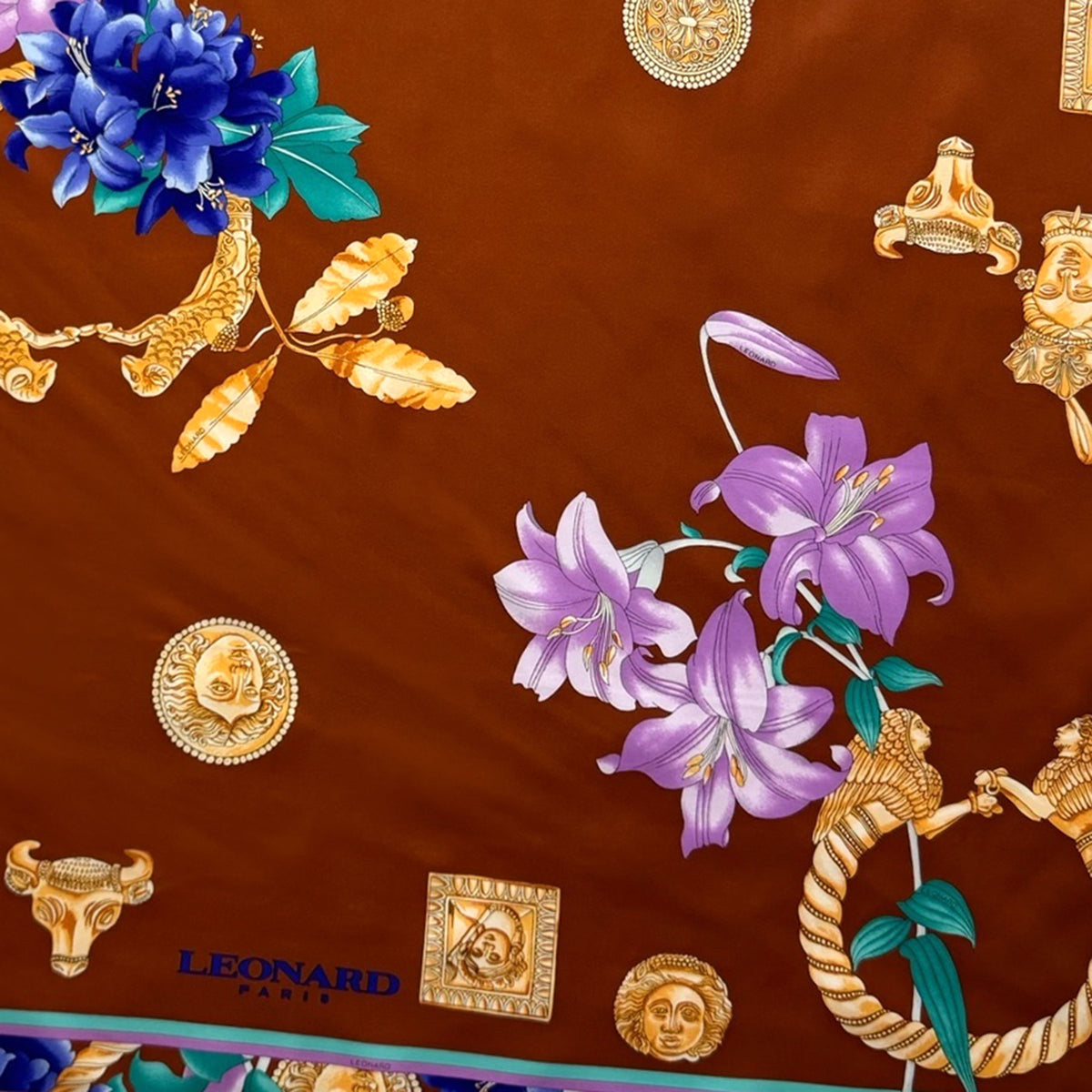 Leonard Paris Scarf Brown Gold Design - Twill Silk Large Square Foulard