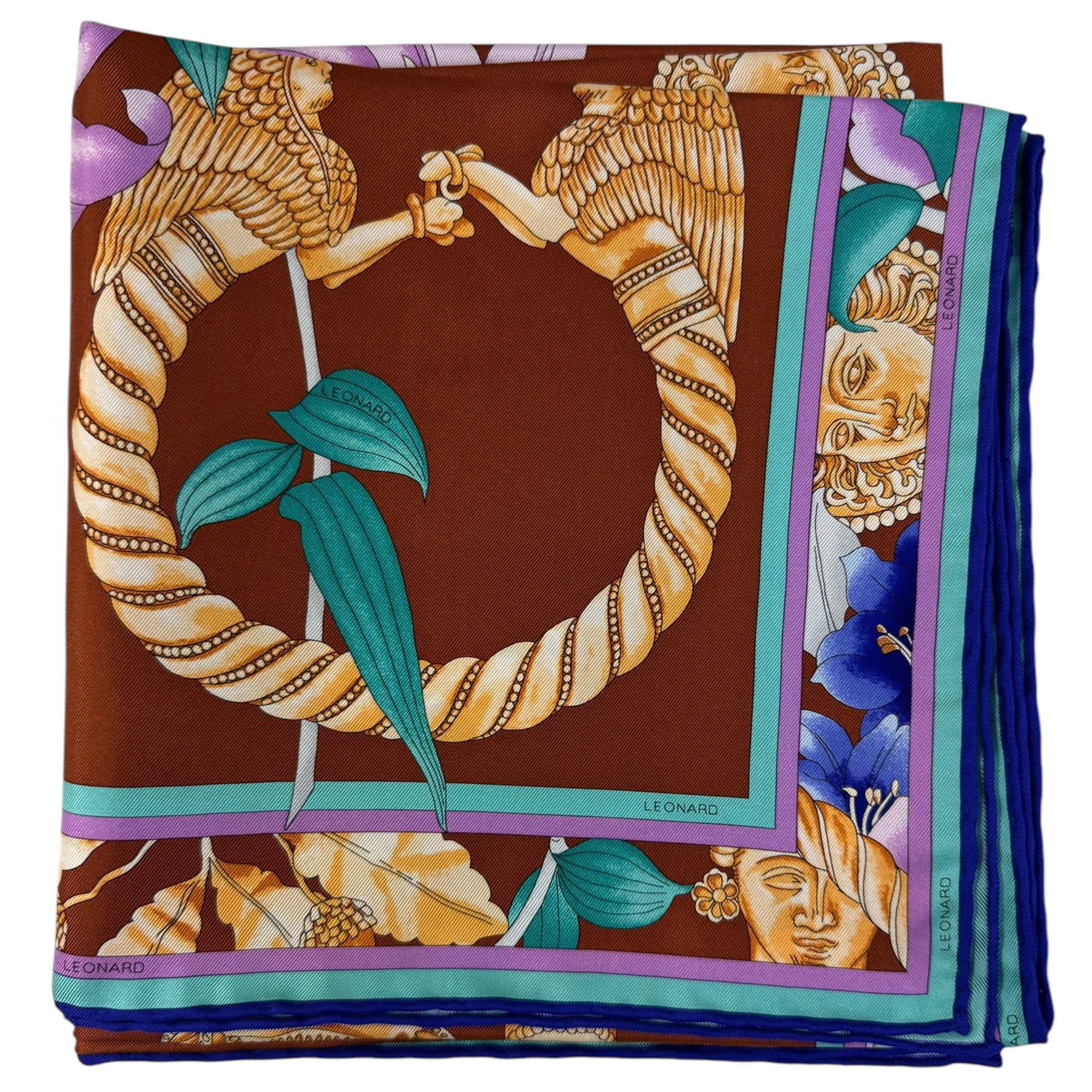 Leonard Paris Scarf Brown Gold Design - Twill Silk Large Square Foulard
