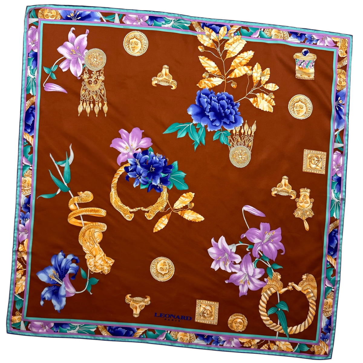 Leonard Paris Scarf Brown Gold Design - Twill Silk Large Square Foulard