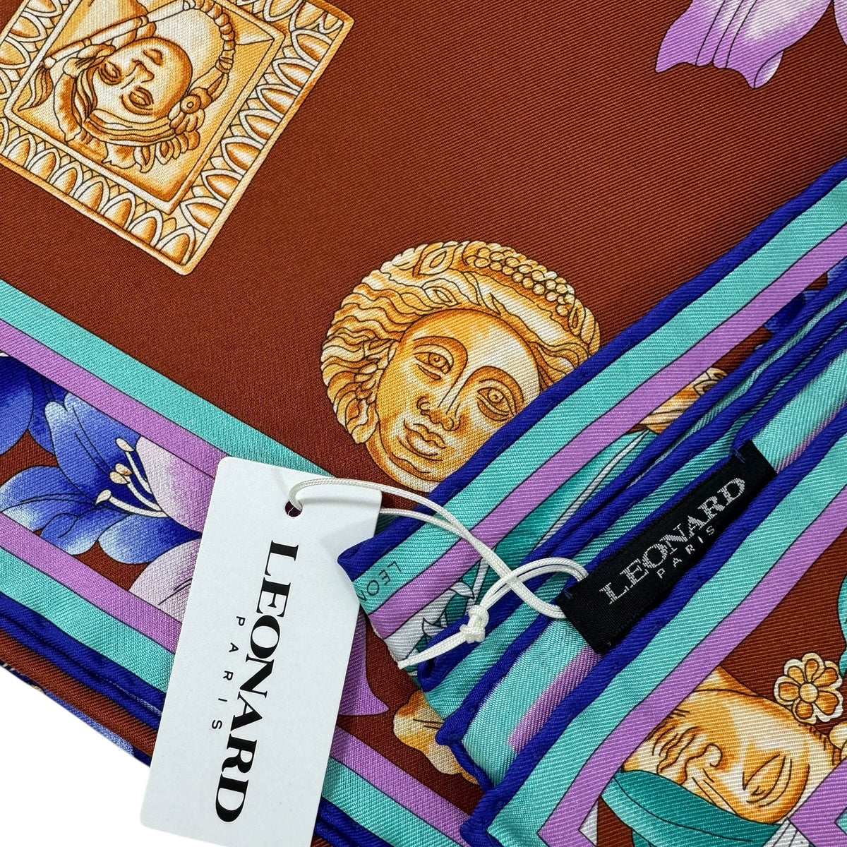 Leonard Paris Scarf Brown Gold Design - Twill Silk Large Square Foulard