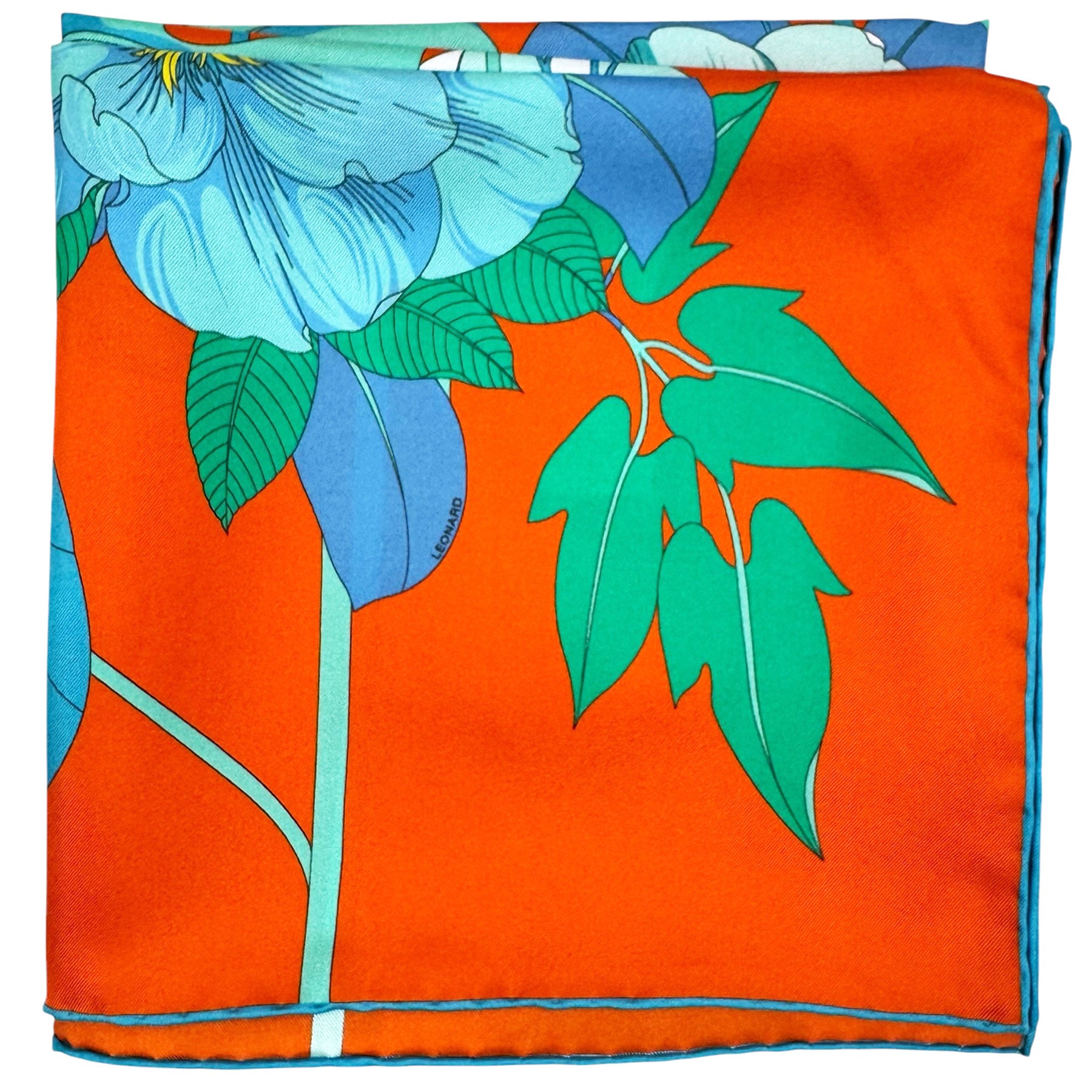 Leonard Paris Scarf Orange Teal Floral - Twill Silk Square