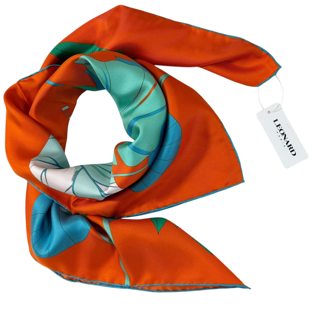 Leonard Paris Scarf Orange Teal Floral - Twill Silk Square Foulard