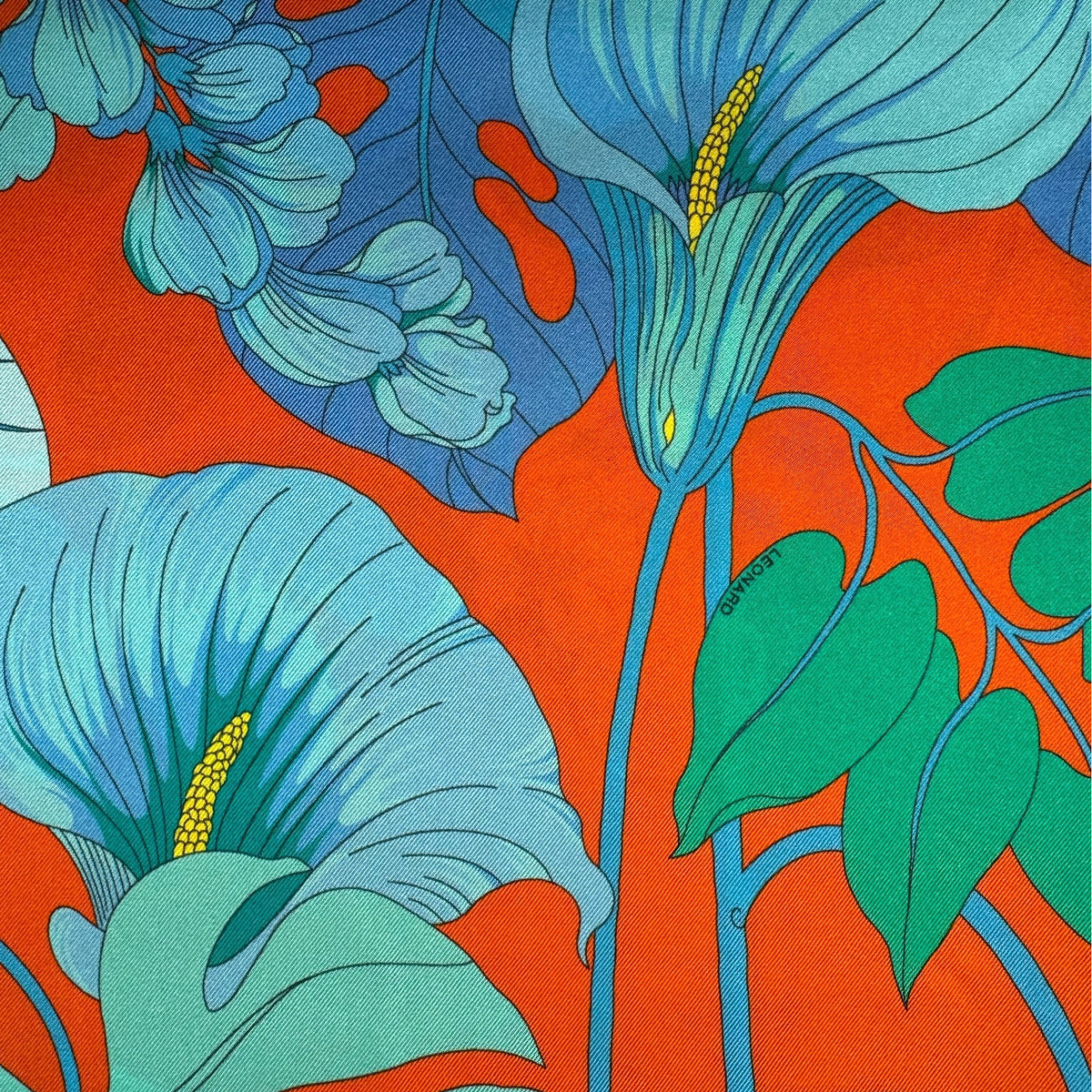 Leonard Paris Scarf Orange Teal Floral - Twill Silk Square Foulard