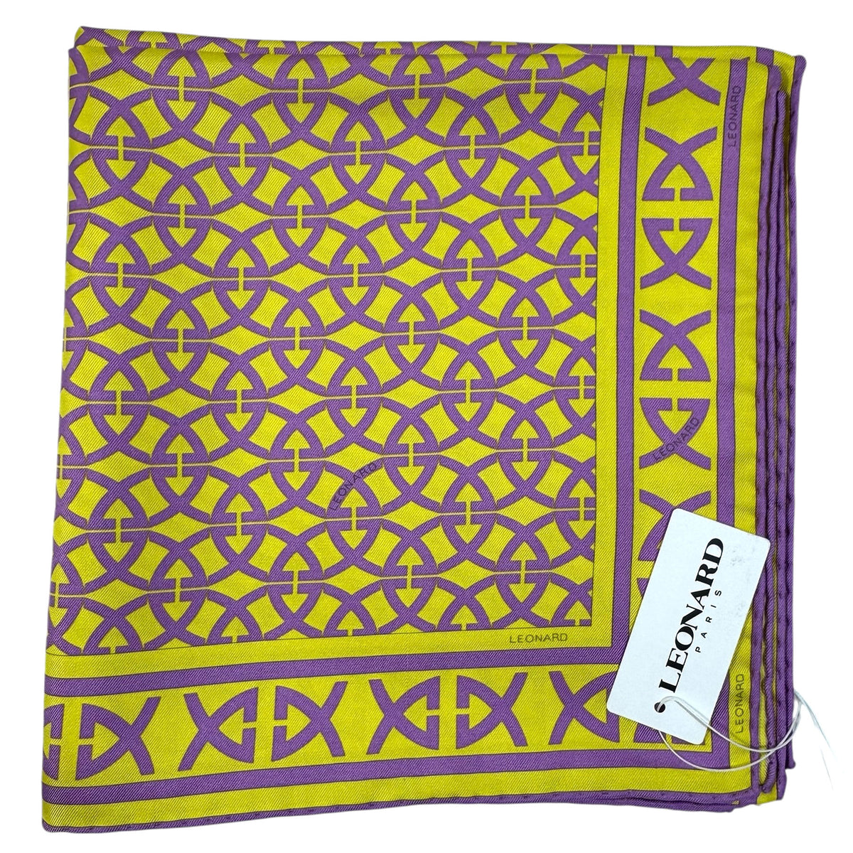 Leonard Paris Scarf Logo Purple Lime Twill Silk Large Square Scarf SALE