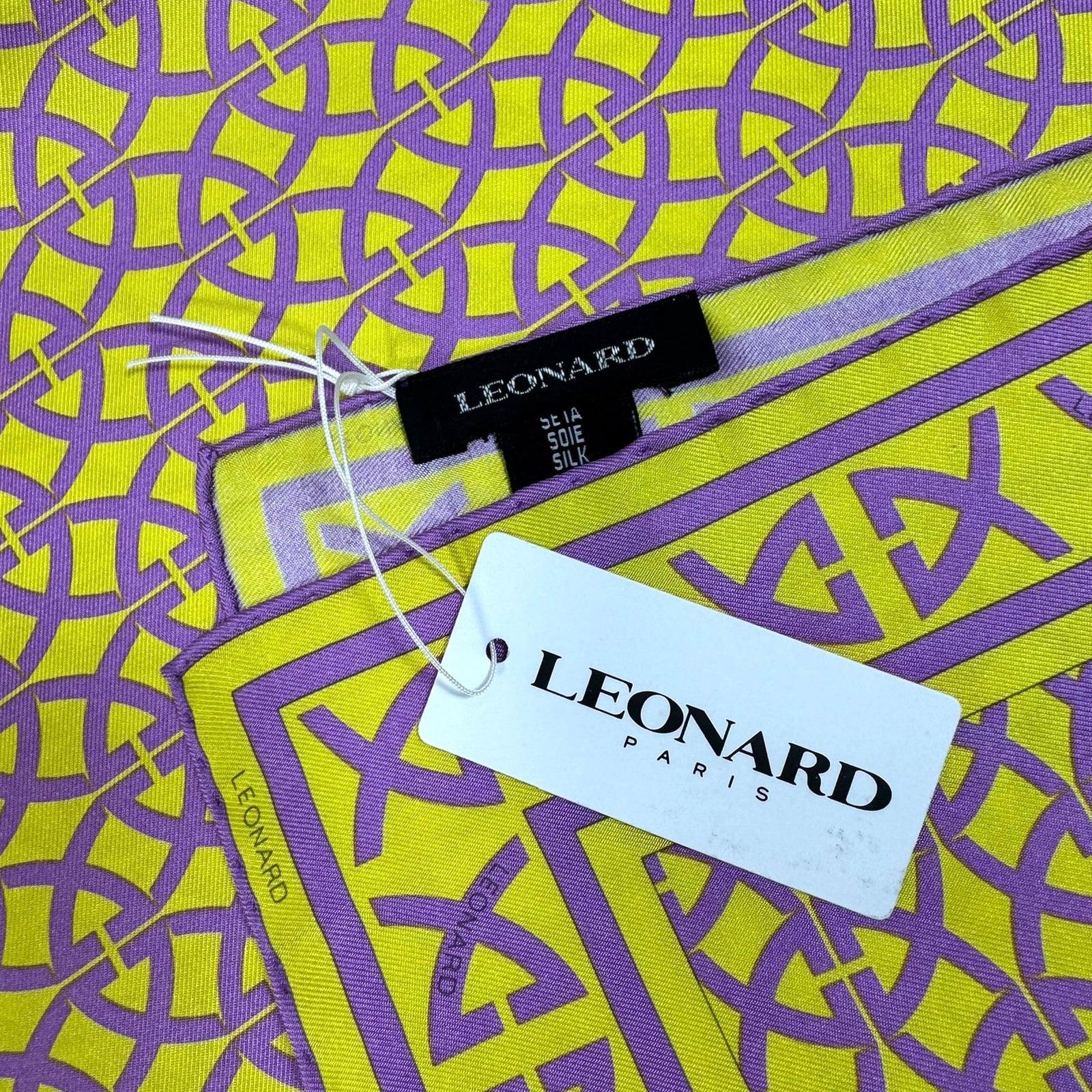 Leonard Paris Scarf Logo Purple Lime Twill Silk Large Square Scarf SALE