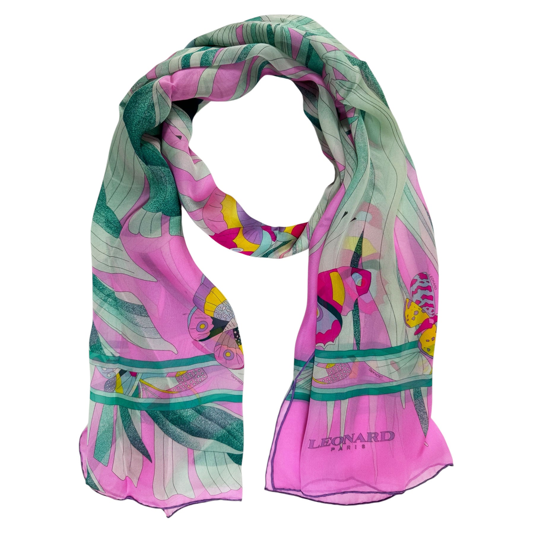 Leonard Paris Scarf Pink Green Butterfly Design - Chiffon Silk Shawl