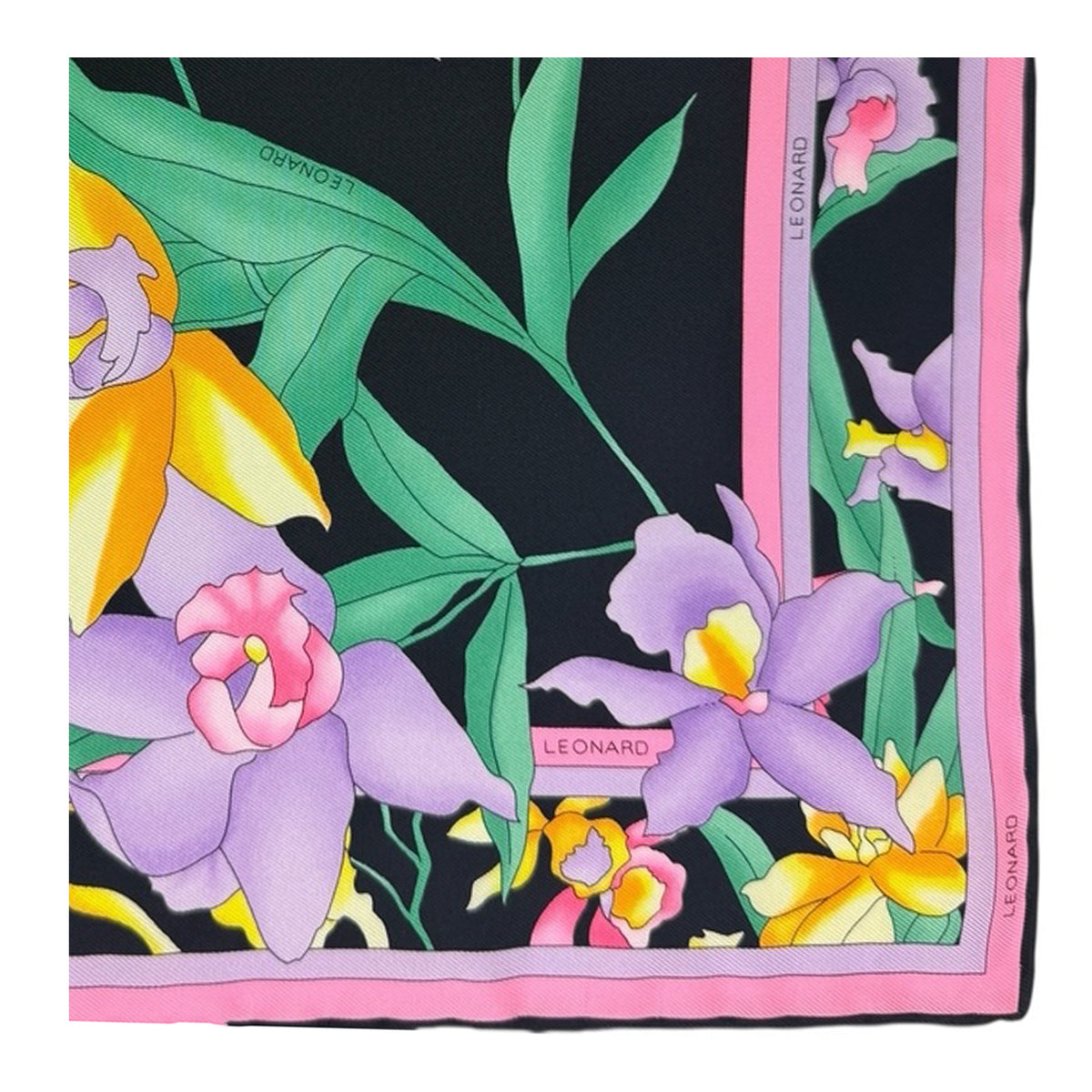 Leonard Paris Scarf Black Lilac Orange Pink Floral - Twill Silk 36&quot; Square Foulard