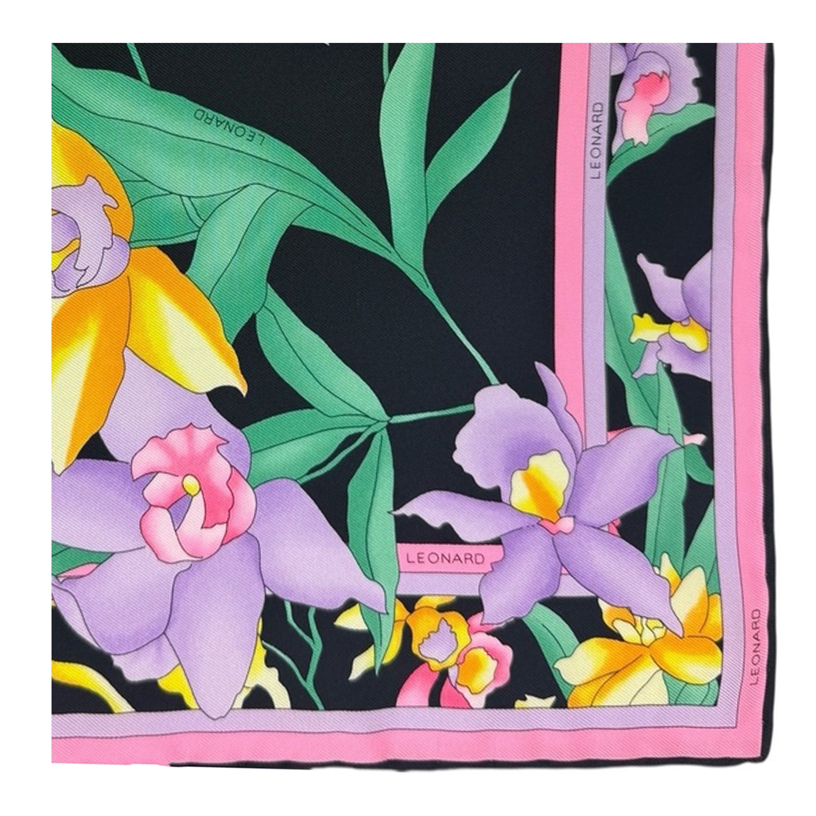 Leonard Paris Scarf Black Lilac Orange Pink Floral - Twill Silk 36" Square Foulard