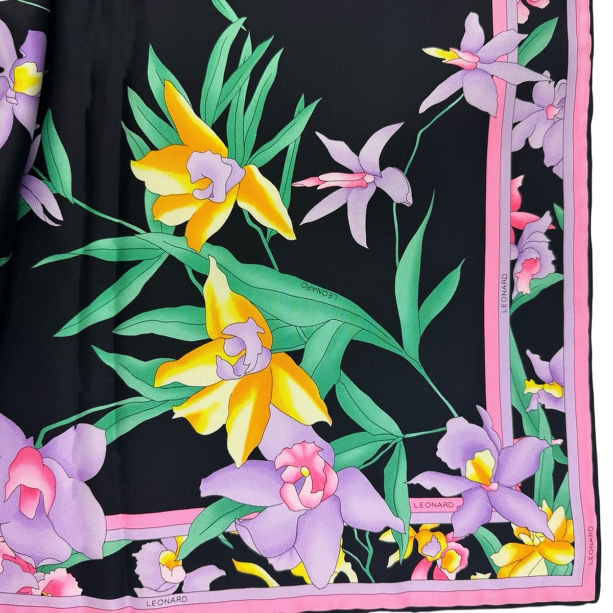 Leonard Paris Scarf Black Lilac Orange Pink Floral - Twill Silk 36&quot; Square Foulard