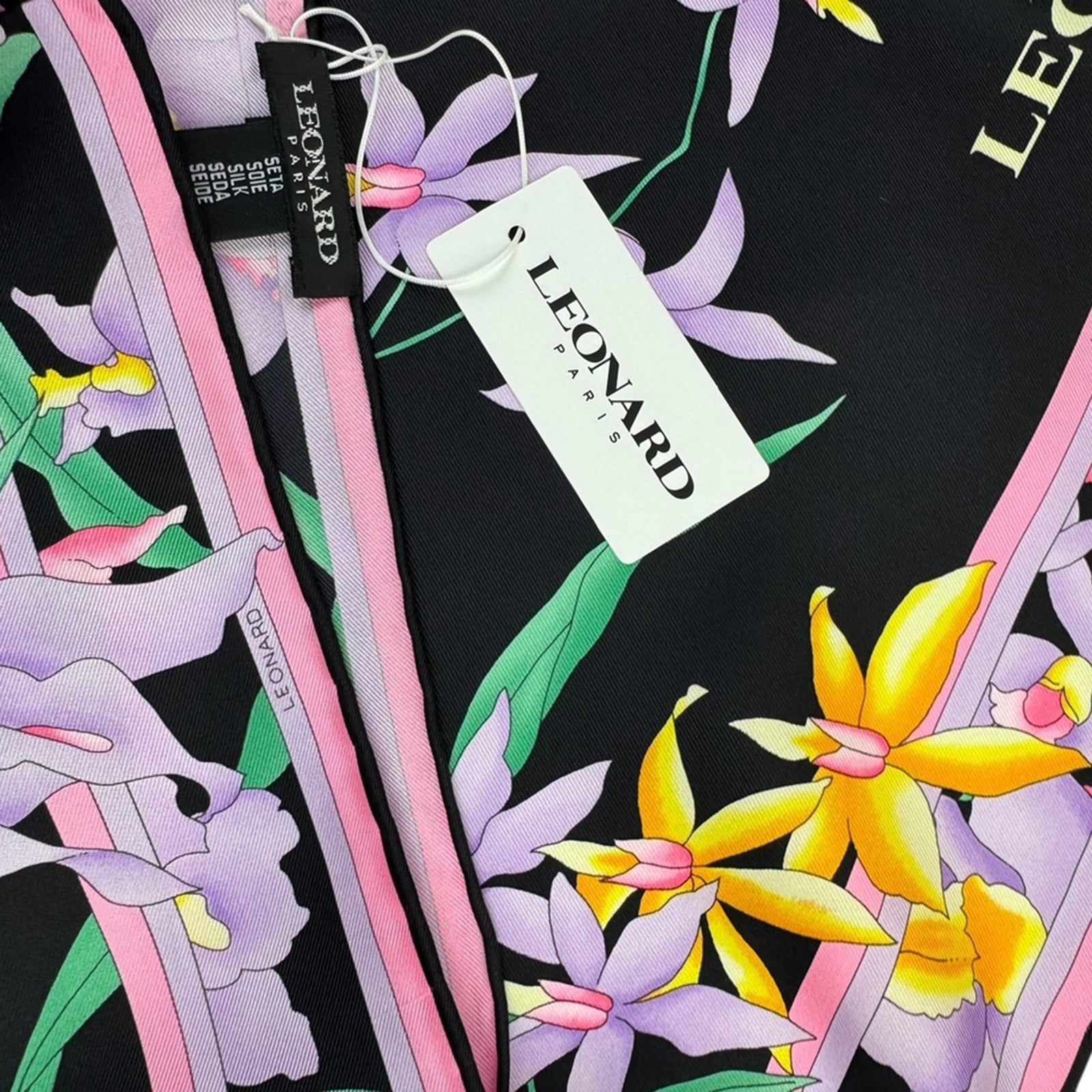 Leonard Paris Scarf Black Lilac Orange Pink Floral - Twill Silk 36" Square Foulard
