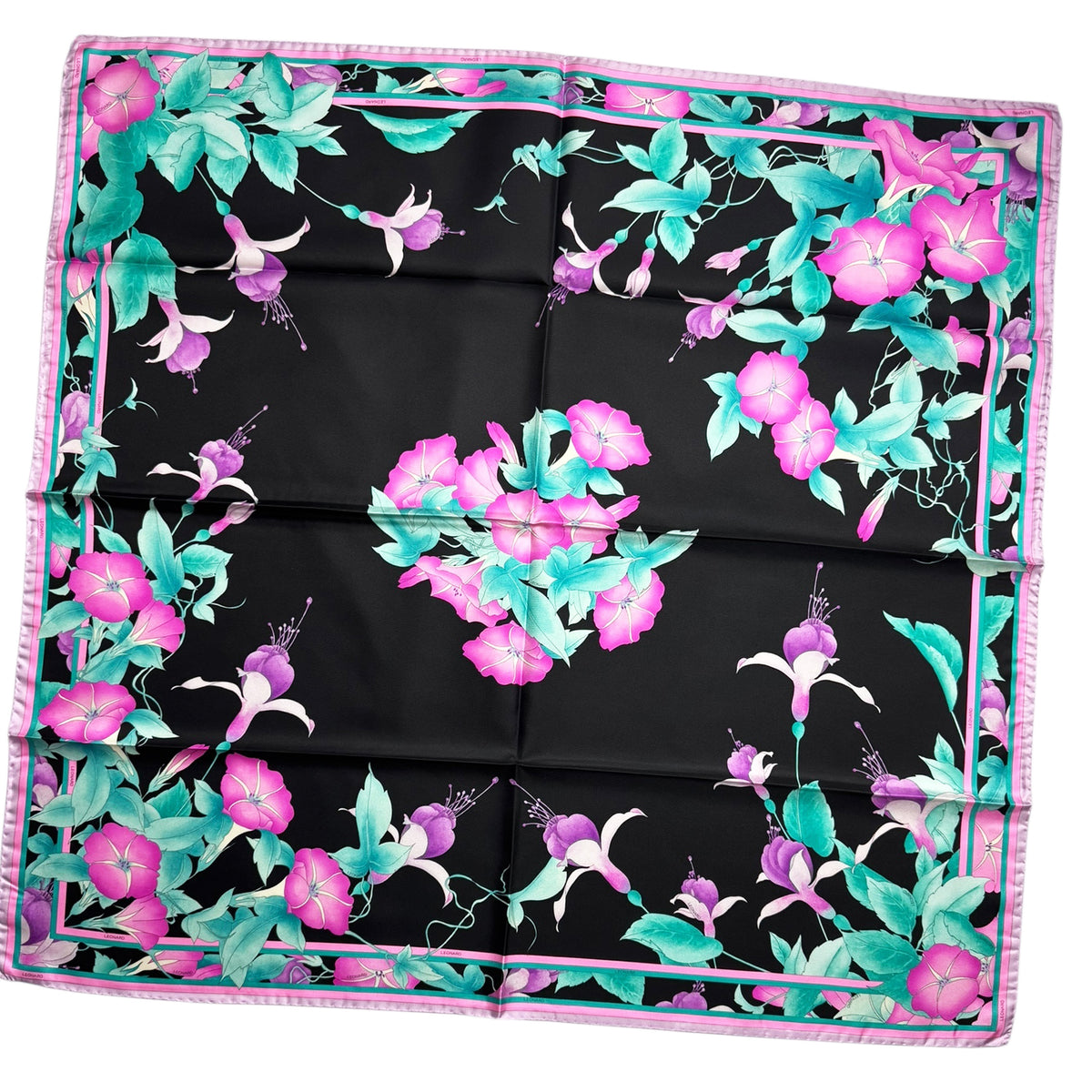 Leonard Paris Scarf Black Turquoise Purple Floral - Twill Silk Large Square Foulard