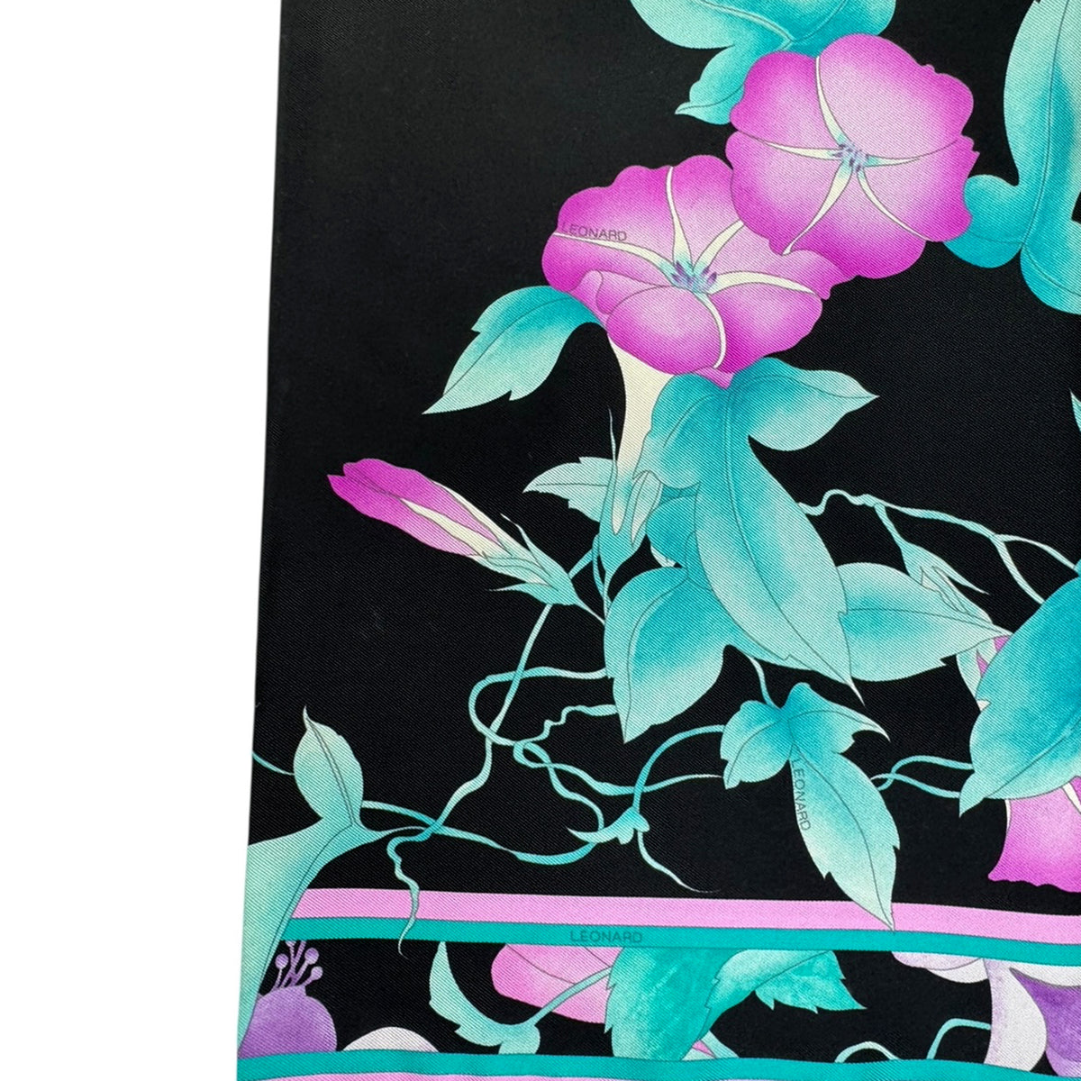 Leonard Paris Scarf Black Turquoise Purple Floral - Twill Silk Large Square Foulard