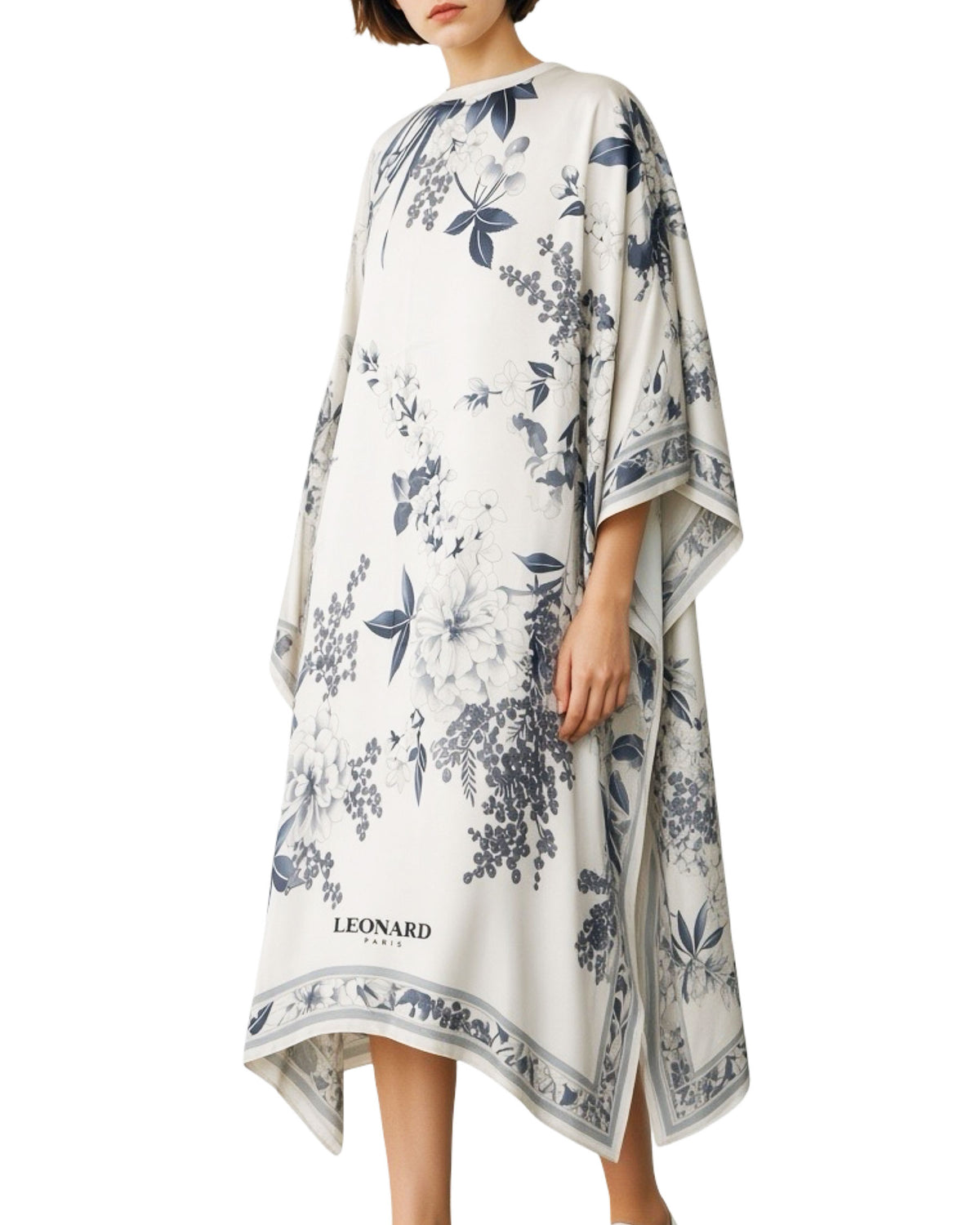 Leonard Paris Kaftan White Blue Floral - Chiffon Silk Luxury Resort Wear