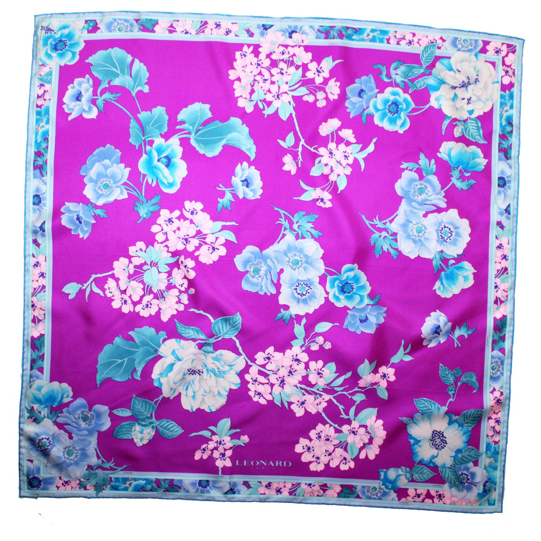 Leonard Paris Scarf Pink Sky Blue Aqua Floral - Large Square Twill Silk Scarf