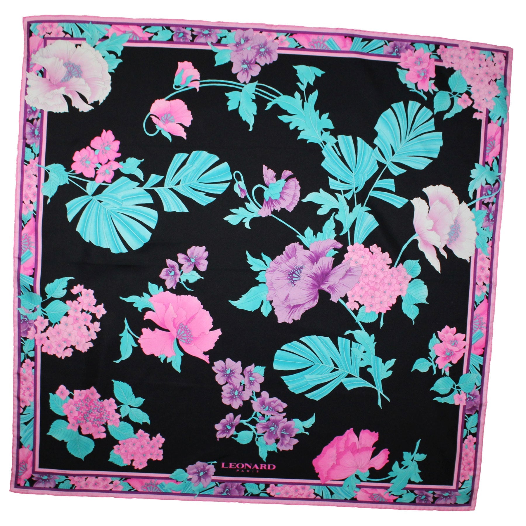 Leonard Paris Scarf Black Pink Aqua Floral - Square Twill