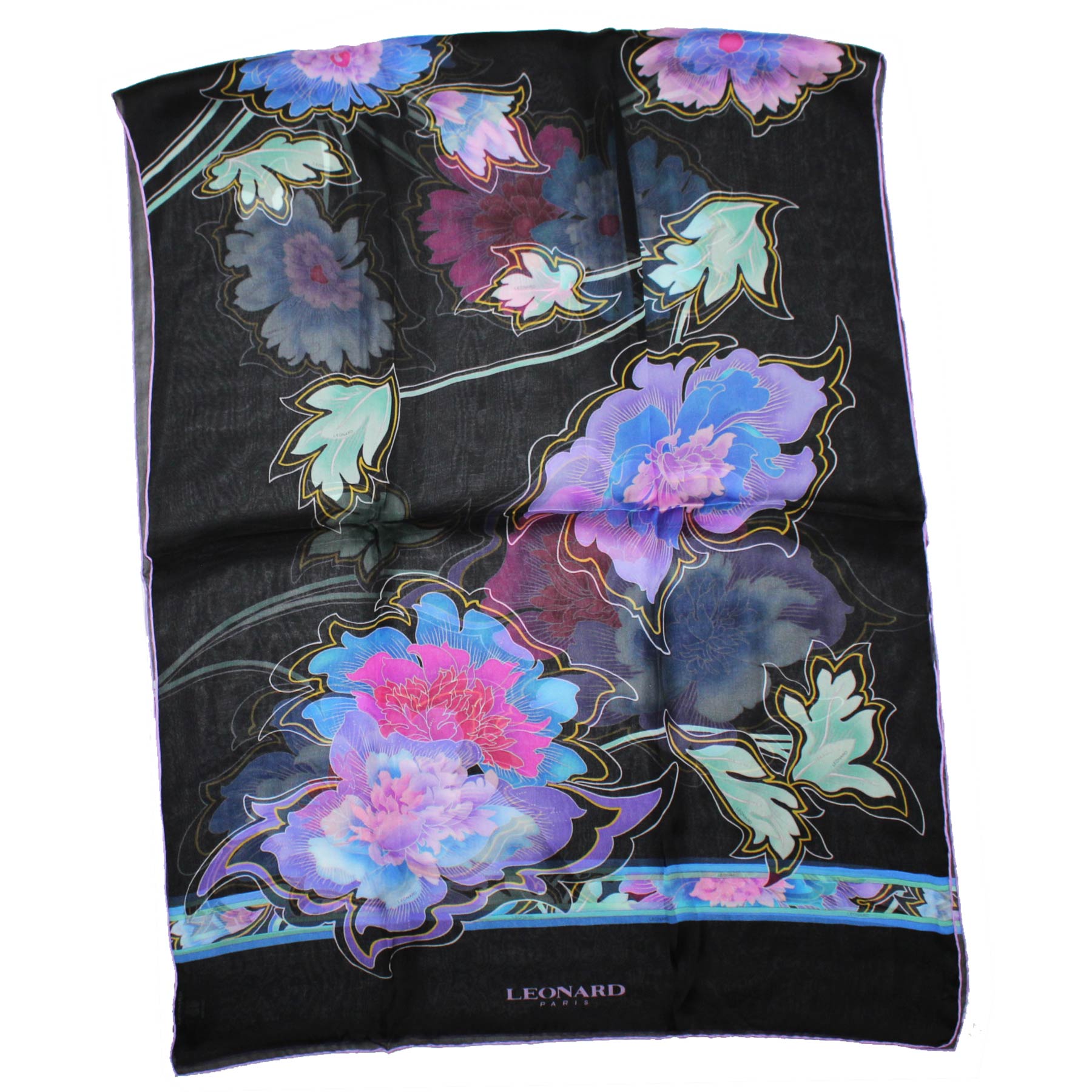 Leonard Paris Scarf Black Lila Blue Floral - Chiffon Silk Shawl