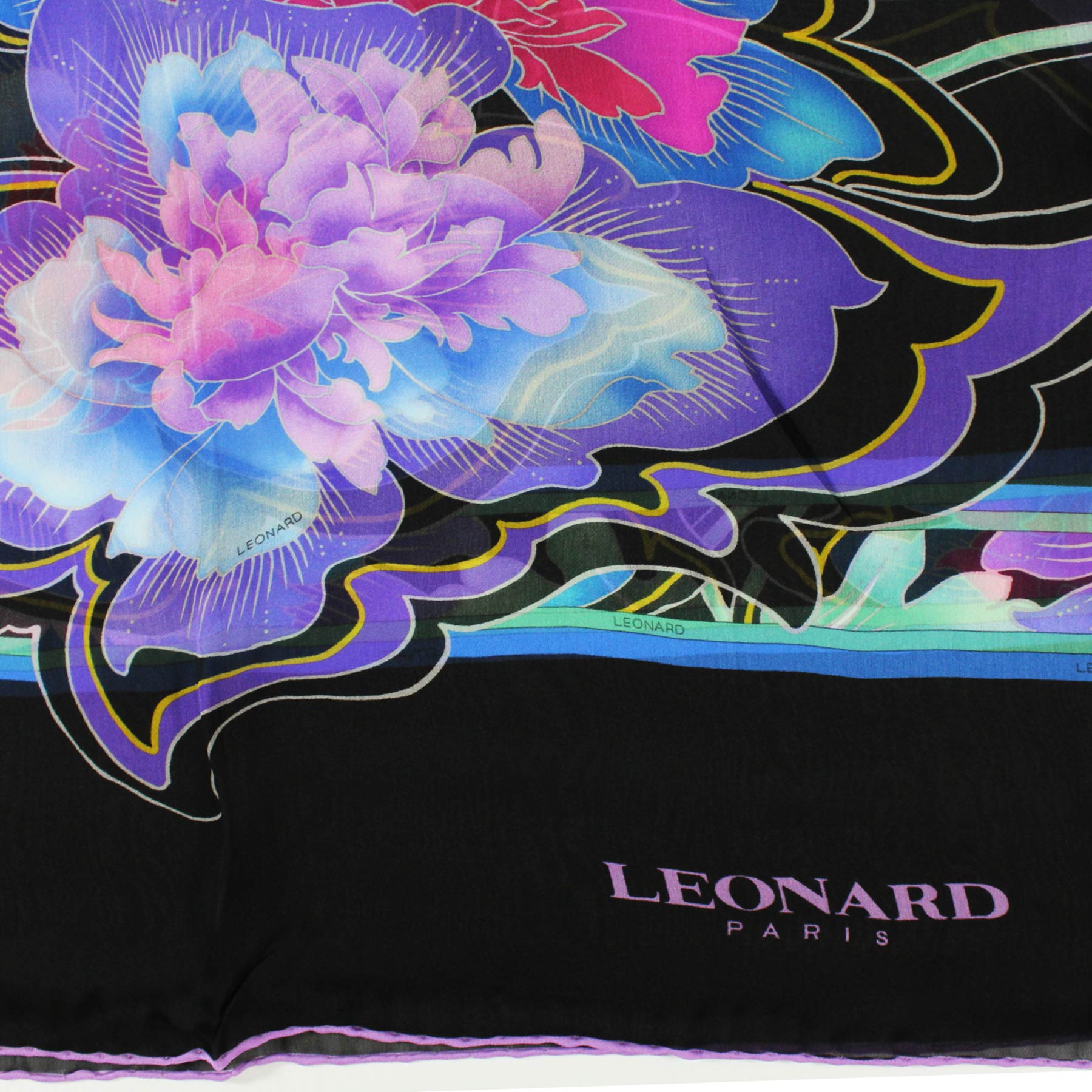 Leonard Paris Scarf Black Lila Blue Floral - Chiffon Silk Shawl